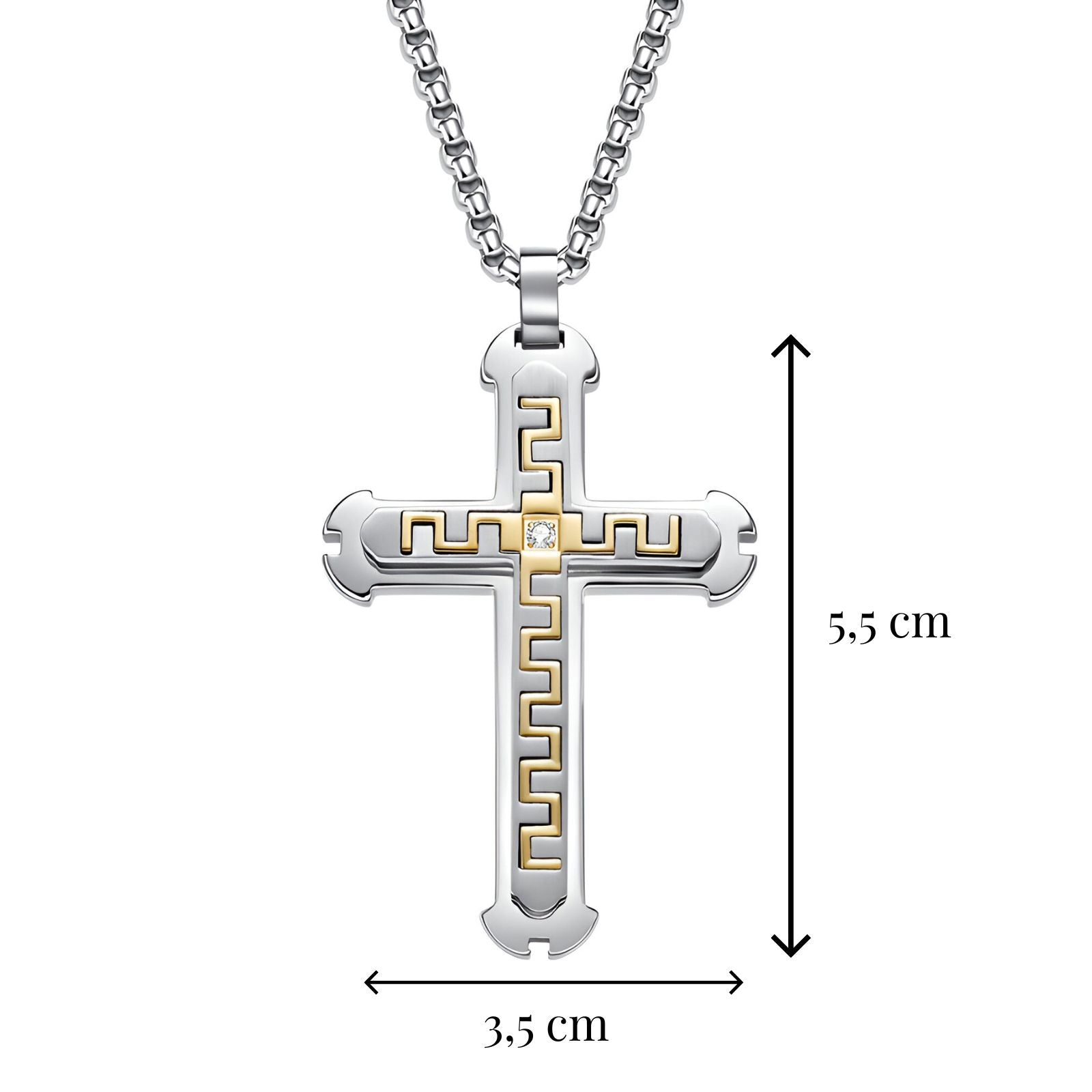 Collier croix contemporaine homme, maille vénitienne, motif sculpté et zircon, modèle Nazaire