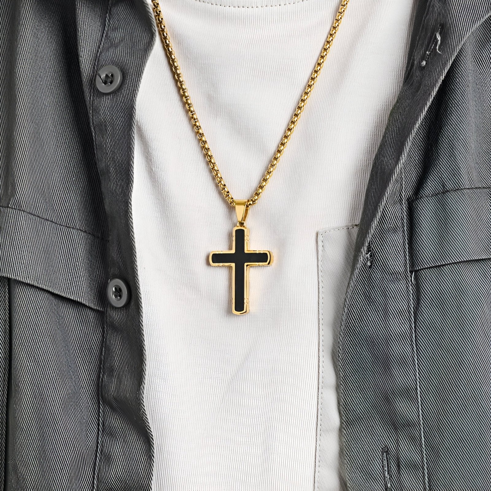 Collier croix design en acier inoxydable, carbone marbré, chaîne jaseron pour homme, modèle Caleb