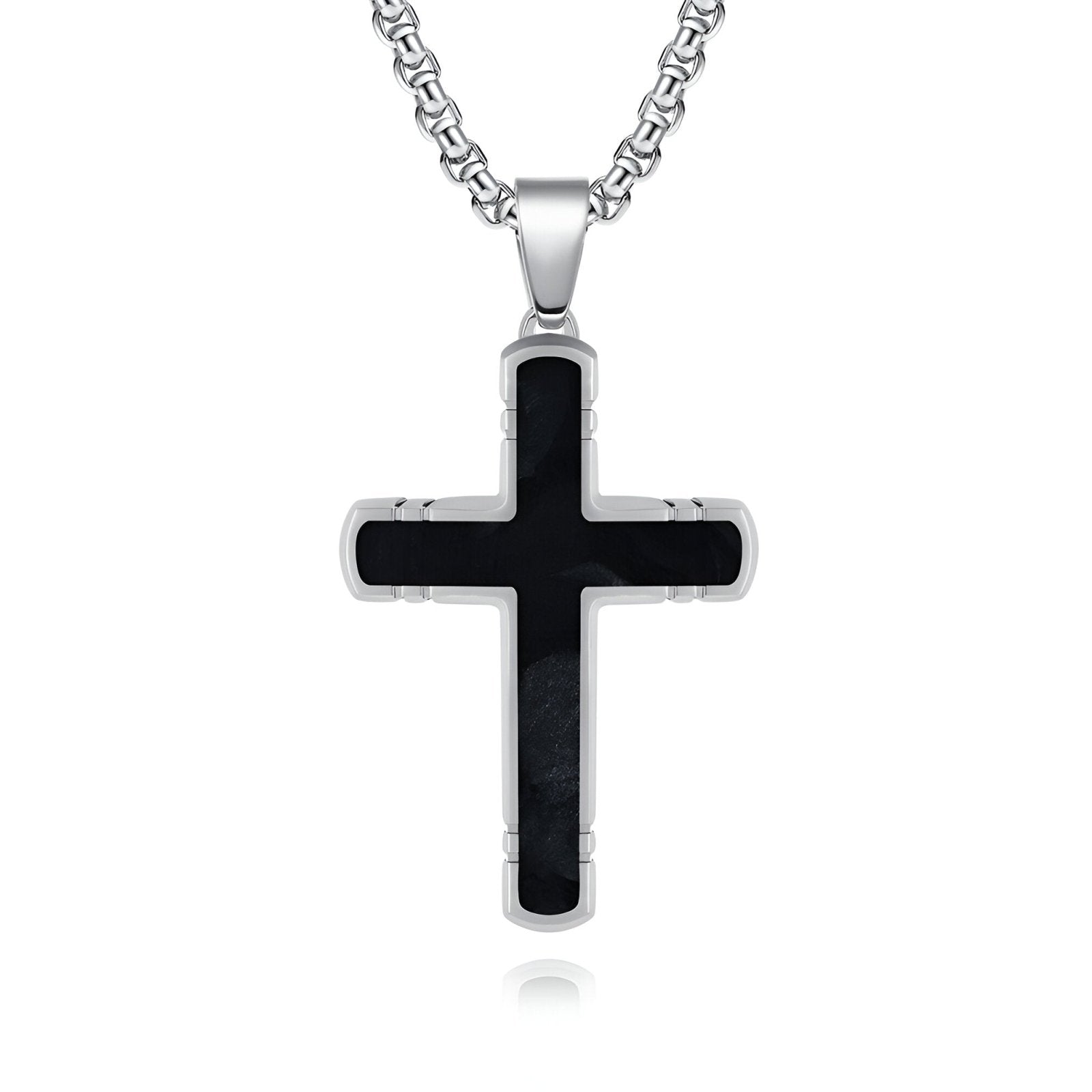 Collier croix design en acier inoxydable, carbone marbré, chaîne jaseron pour homme, modèle Caleb