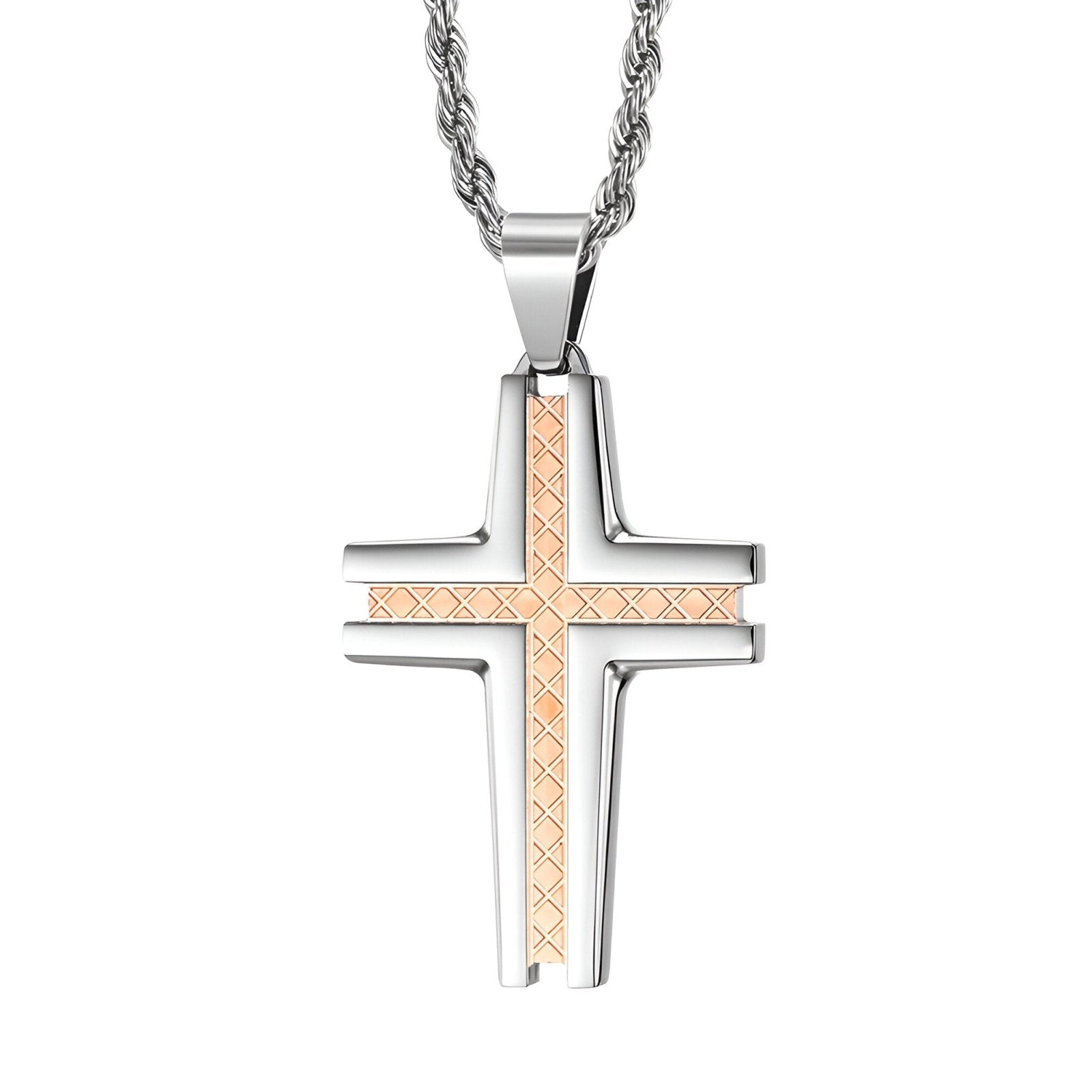 Collier croix design en acier inoxydable, gravure géométrique, chaine corde, modèle Uriel