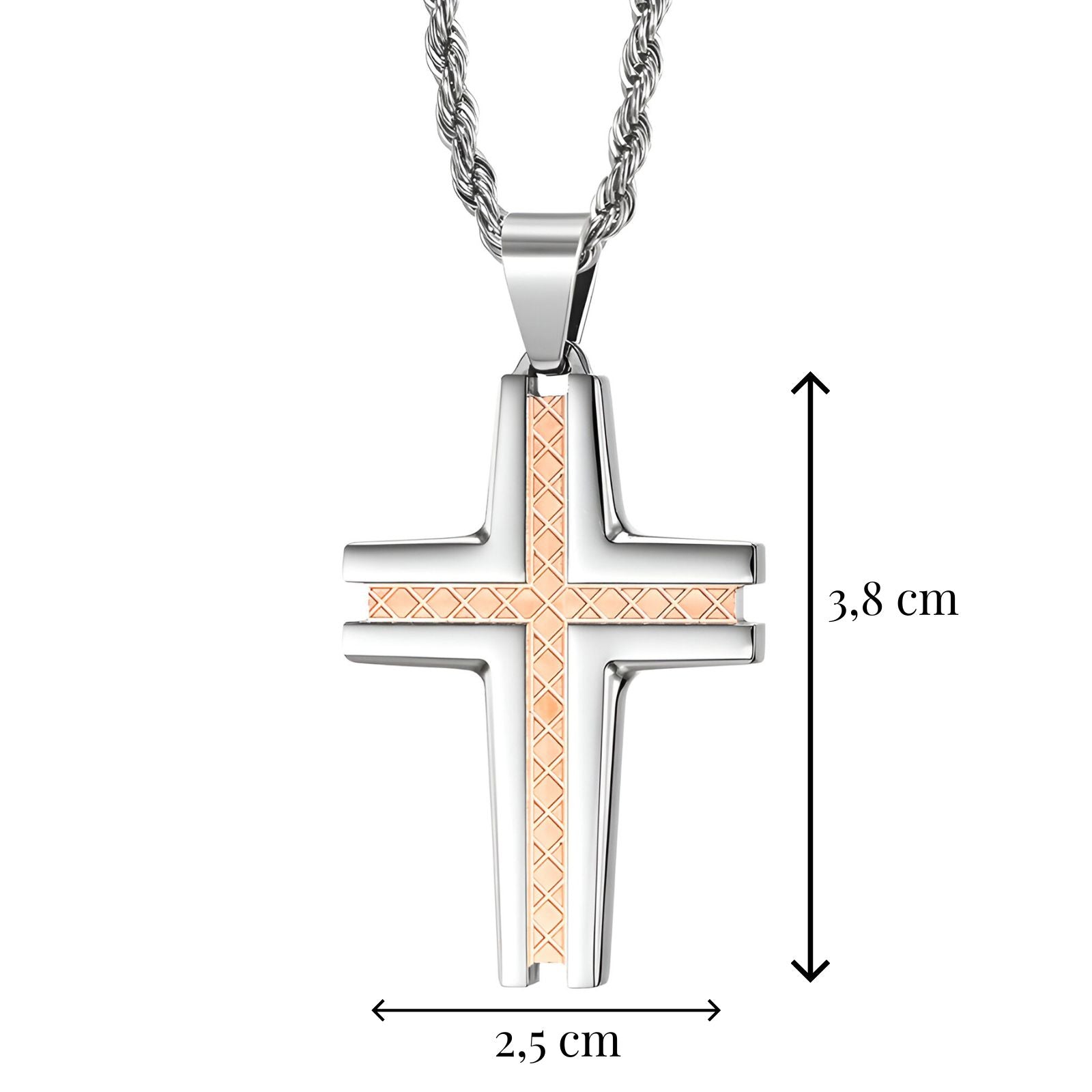 Collier croix design en acier inoxydable, gravure géométrique, chaine corde, modèle Uriel