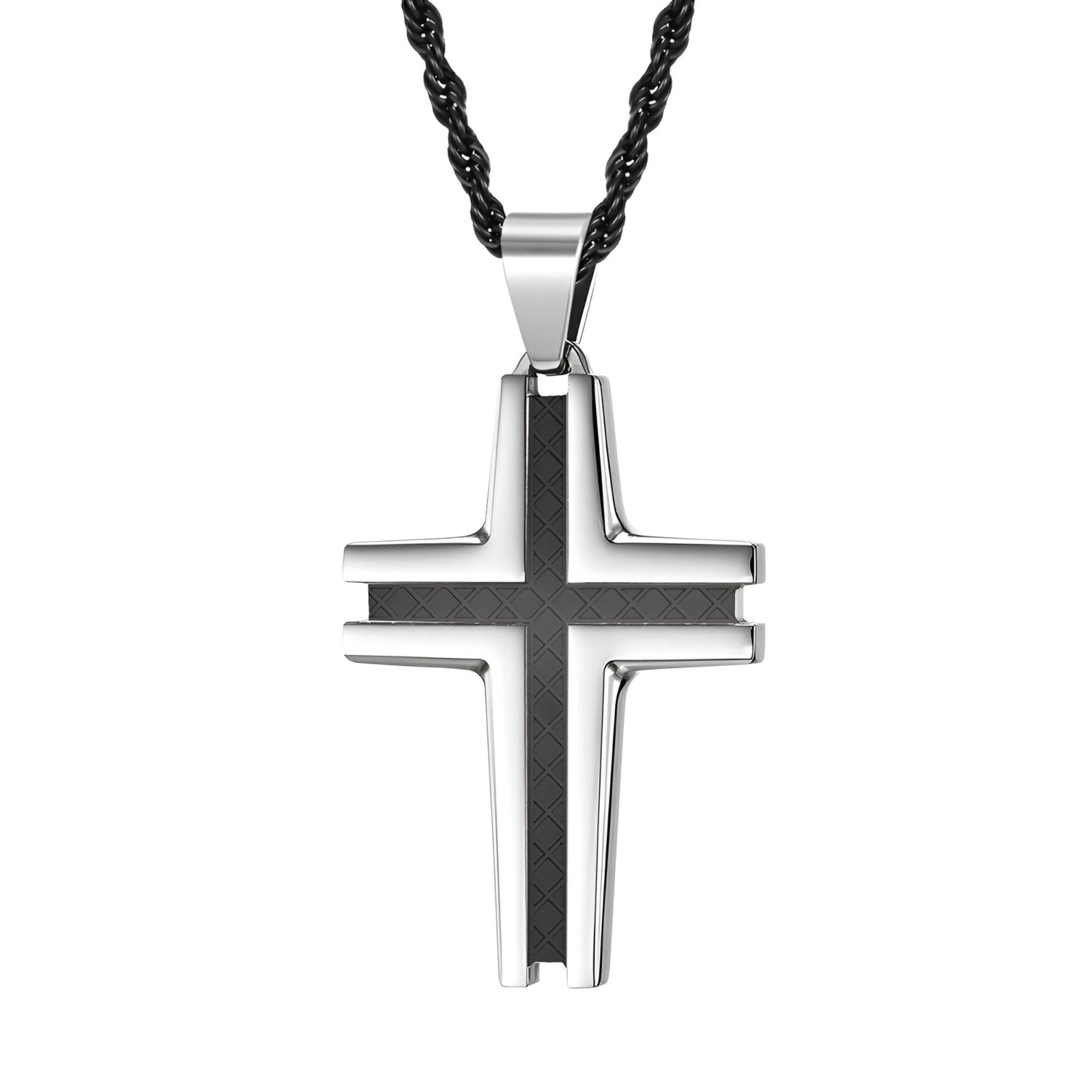 Collier croix design en acier inoxydable, gravure géométrique, chaine corde, modèle Uriel