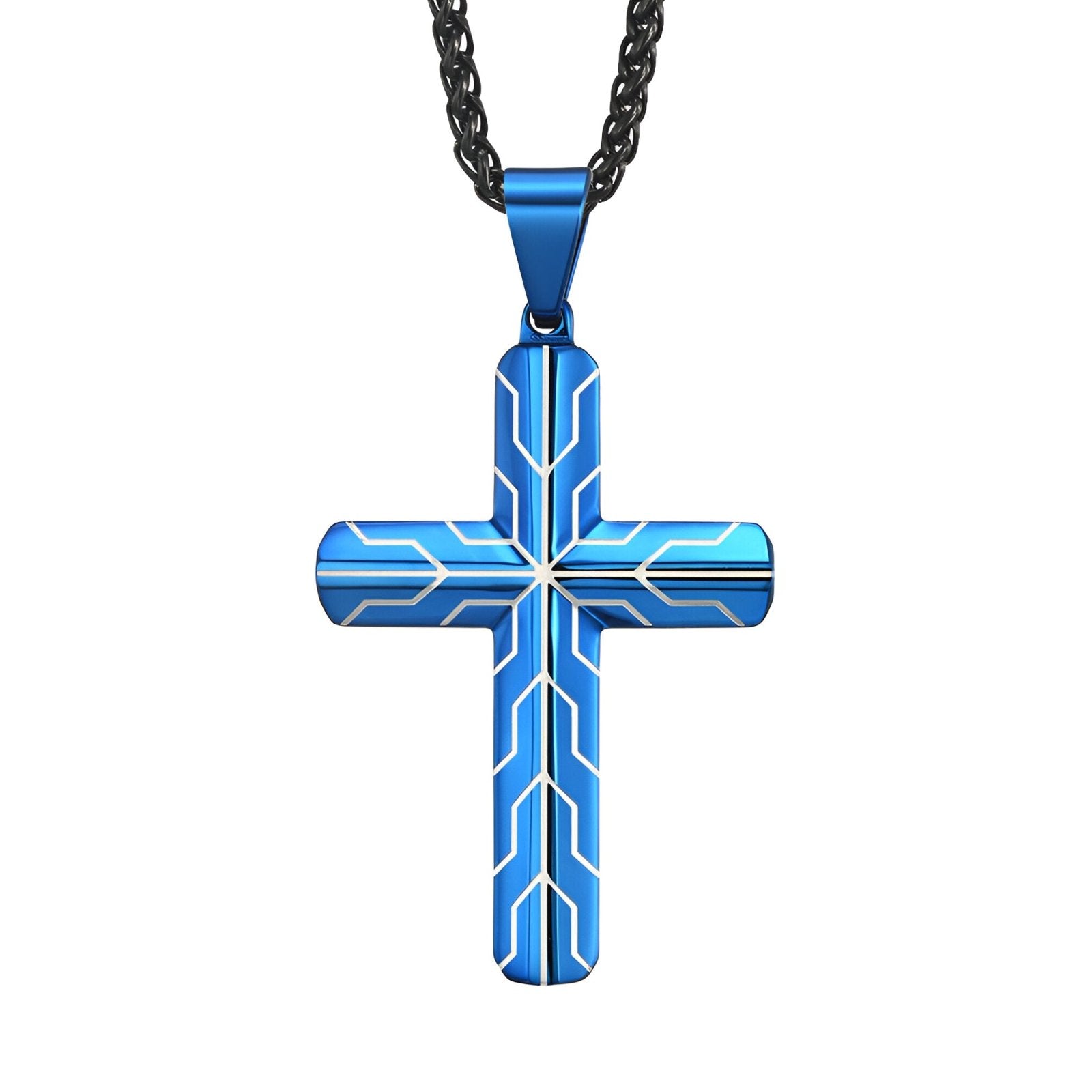 Collier croix design homme, chaîne noire et pendentif graphique en acier 316L, modèle Zéphyr