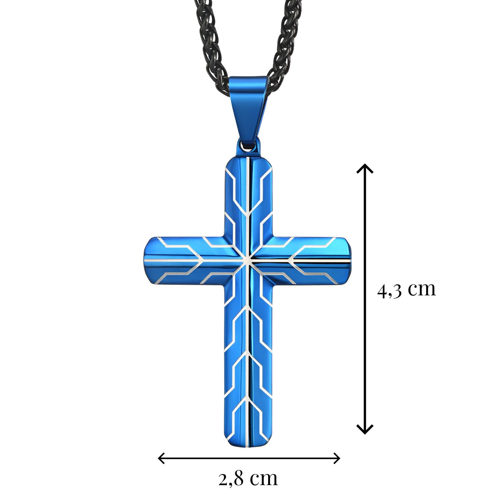 Collier croix design homme, chaîne noire et pendentif graphique en acier 316L, modèle Zéphyr