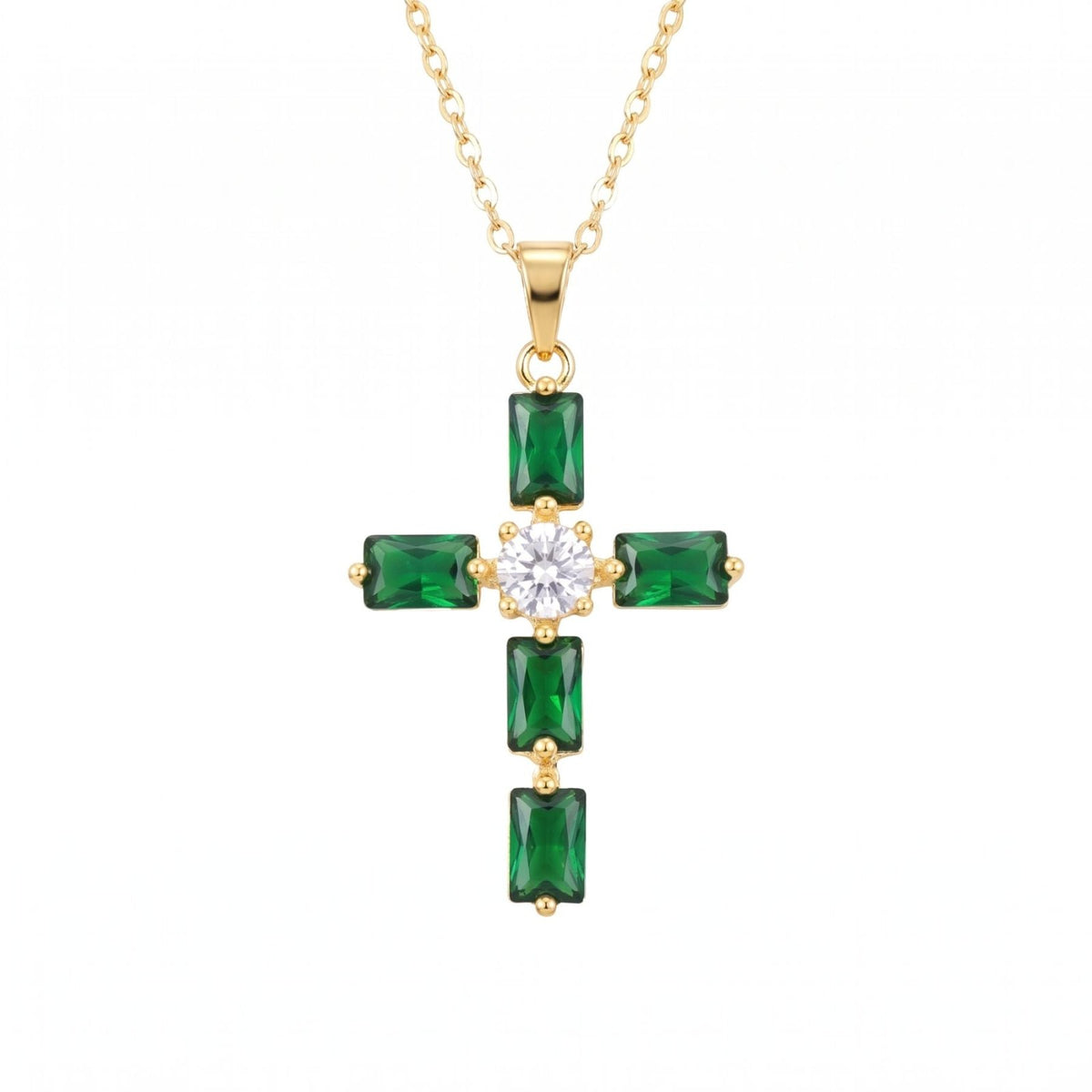 Collier croix émeraude pour femme, en cuivre, pendentif serti de pierres vertes avec pierre blanche centrale