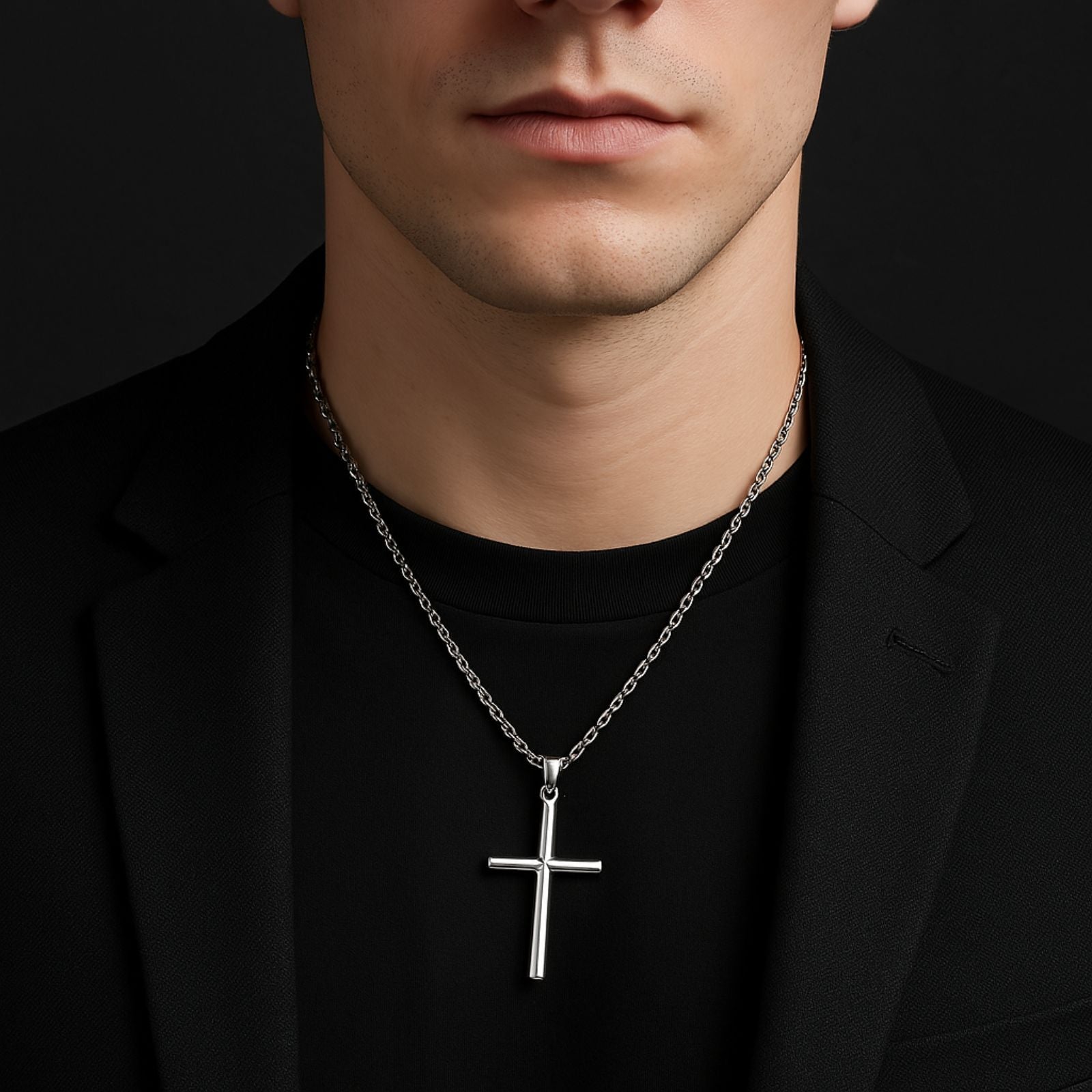 Collier croix en acier inoxydable, chaîne forçat de 50 cm, pour homme ou femme, modèle Théodore