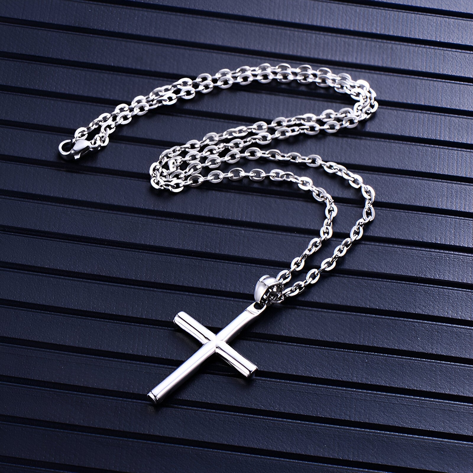 Collier croix en acier inoxydable, chaîne forçat de 50 cm, pour homme ou femme, modèle Théodore