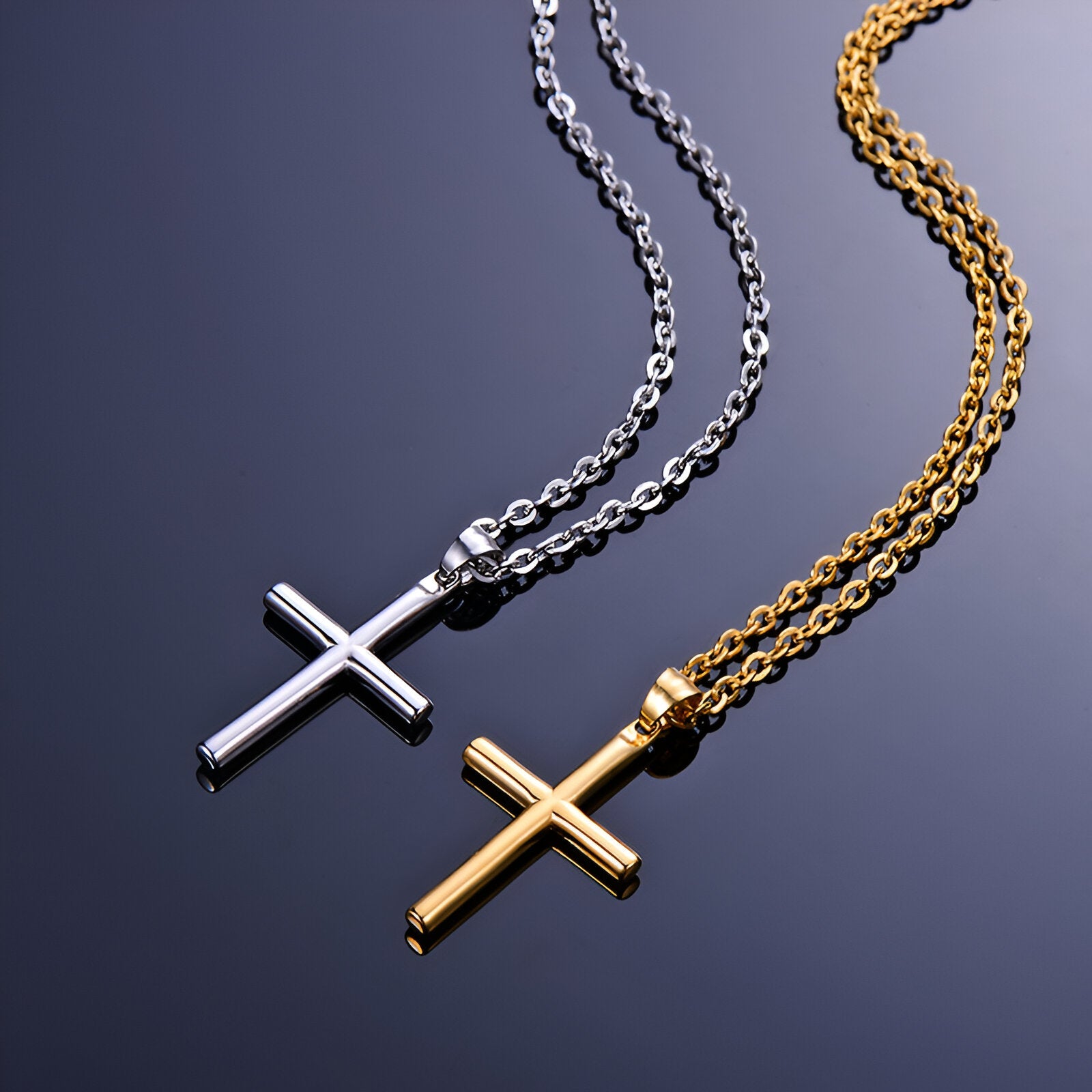 Collier croix en acier inoxydable, chaîne forçat de 50 cm, pour homme ou femme, modèle Théodore