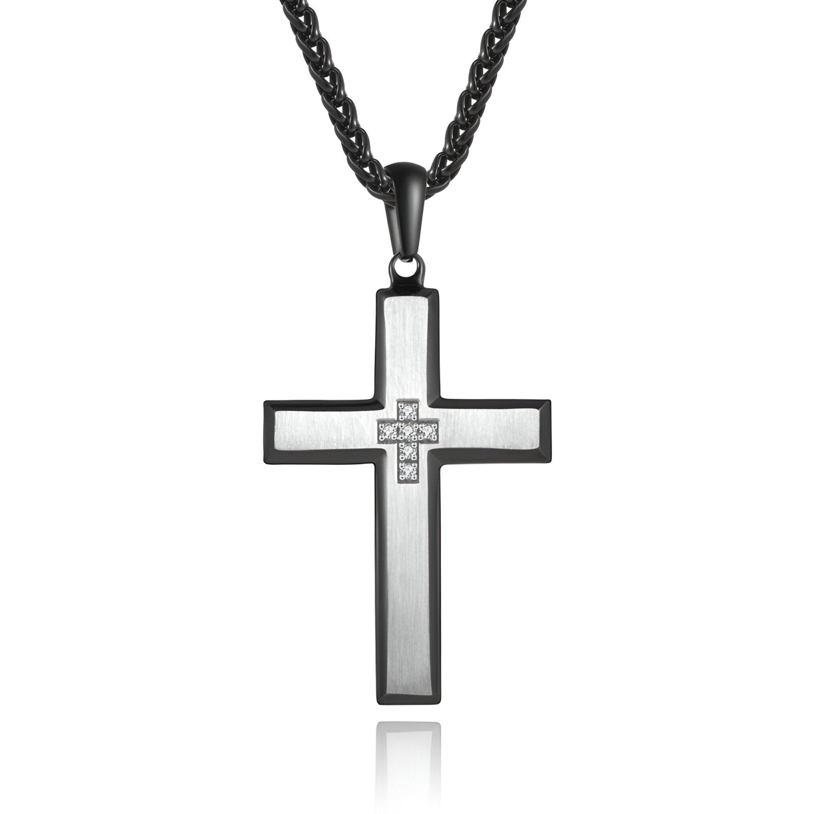 Collier croix homme en acier brossé et zircon, chaîne noire, style minimaliste, modèle Célestin