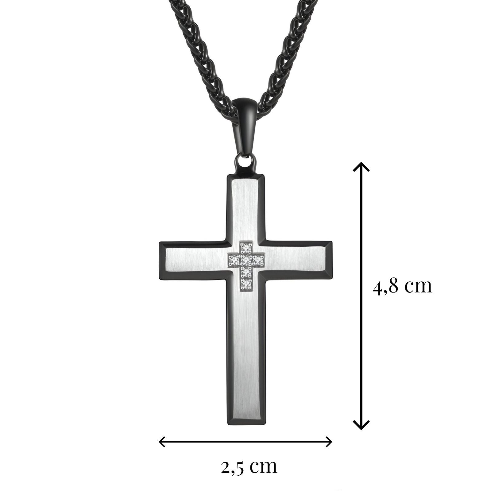Collier croix homme en acier brossé et zircon, chaîne noire, style minimaliste, modèle Célestin