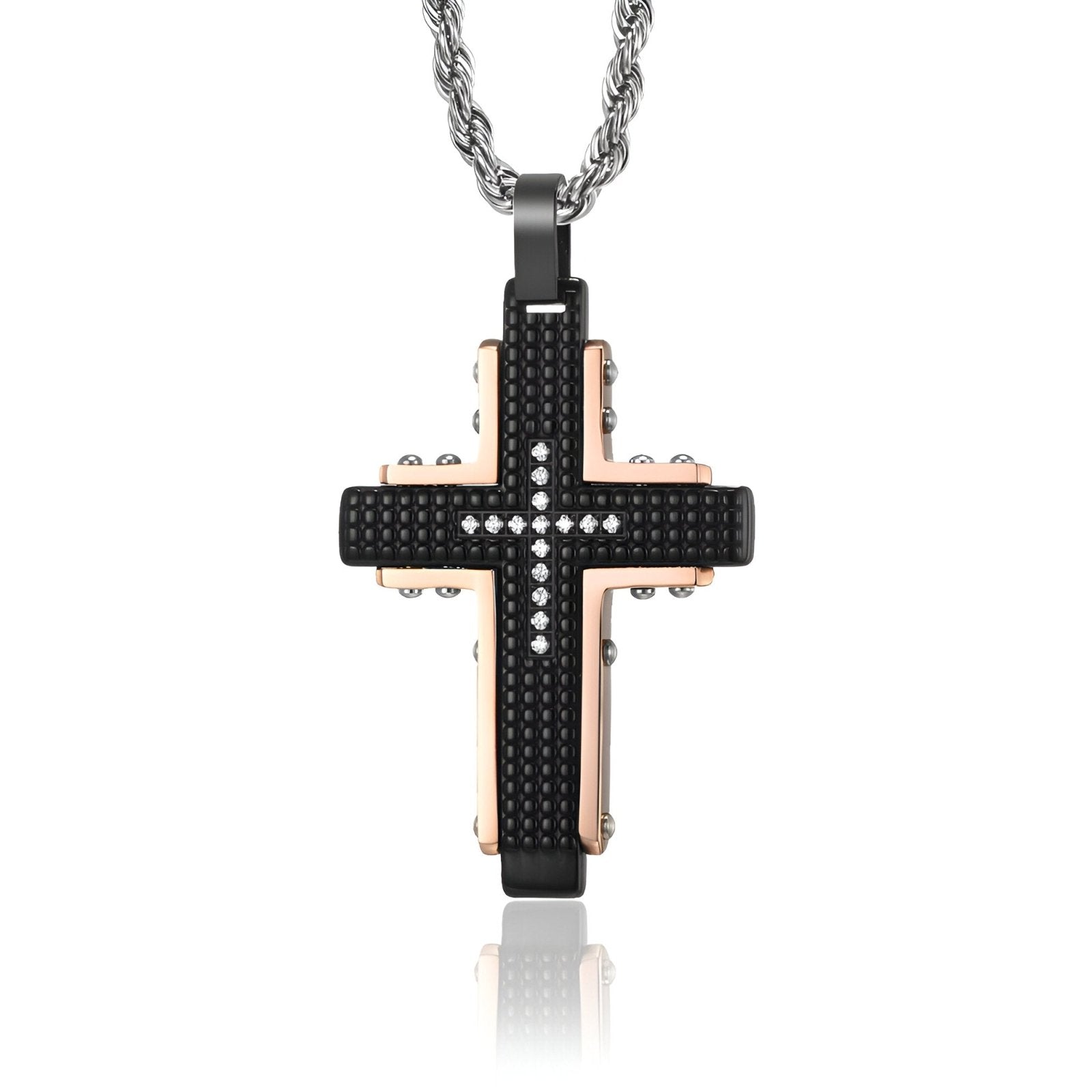 Collier croix homme en acier noir et rosé, maille corde argentée, strass incrustés, Modèle Adriel