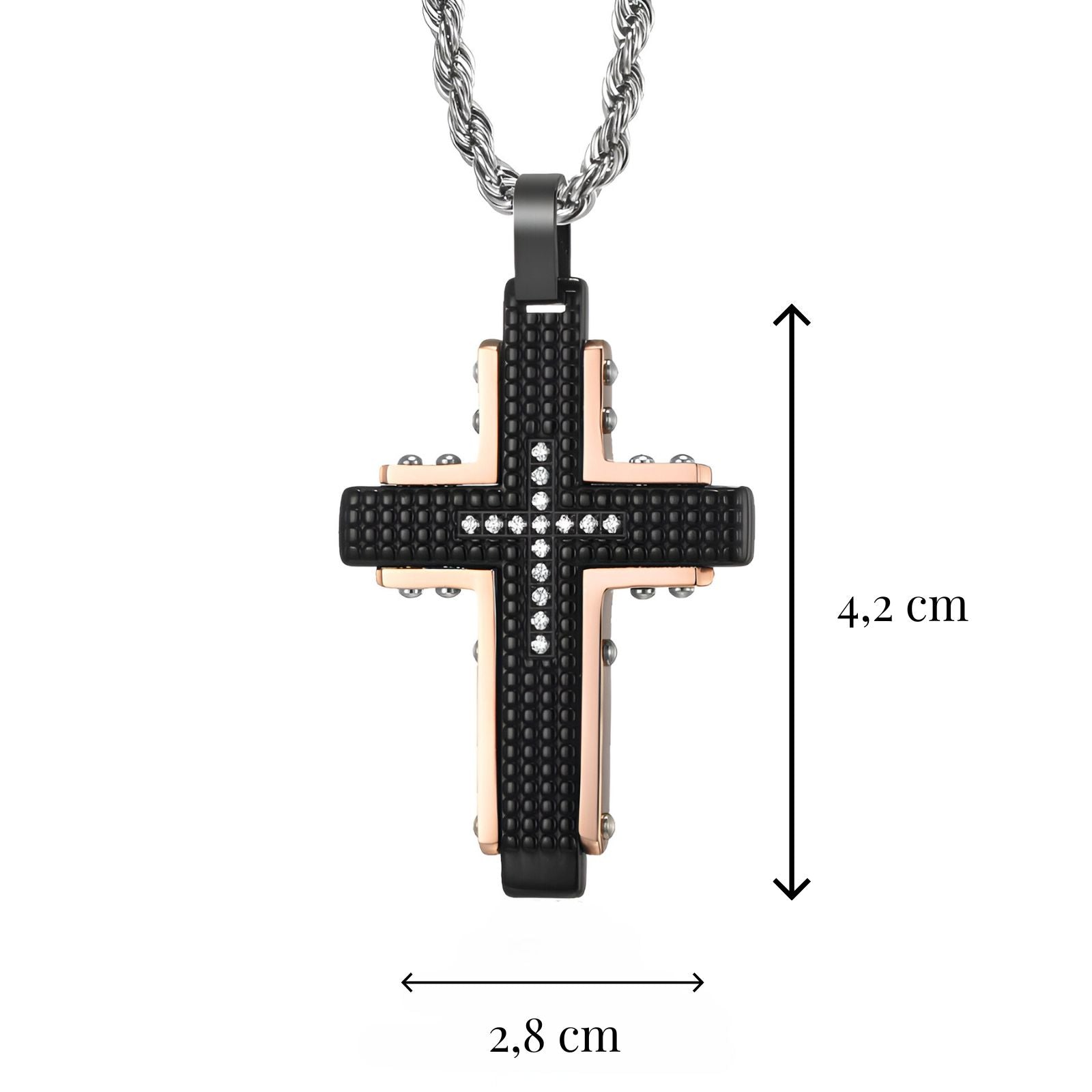Collier croix homme en acier noir et rosé, maille corde argentée, strass incrustés, Modèle Adriel