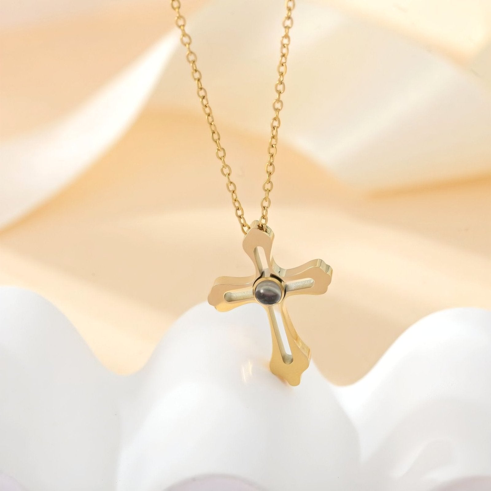 Collier croix personnalisable, avec photo projetée, en acier inoxydable, modèle Celestia