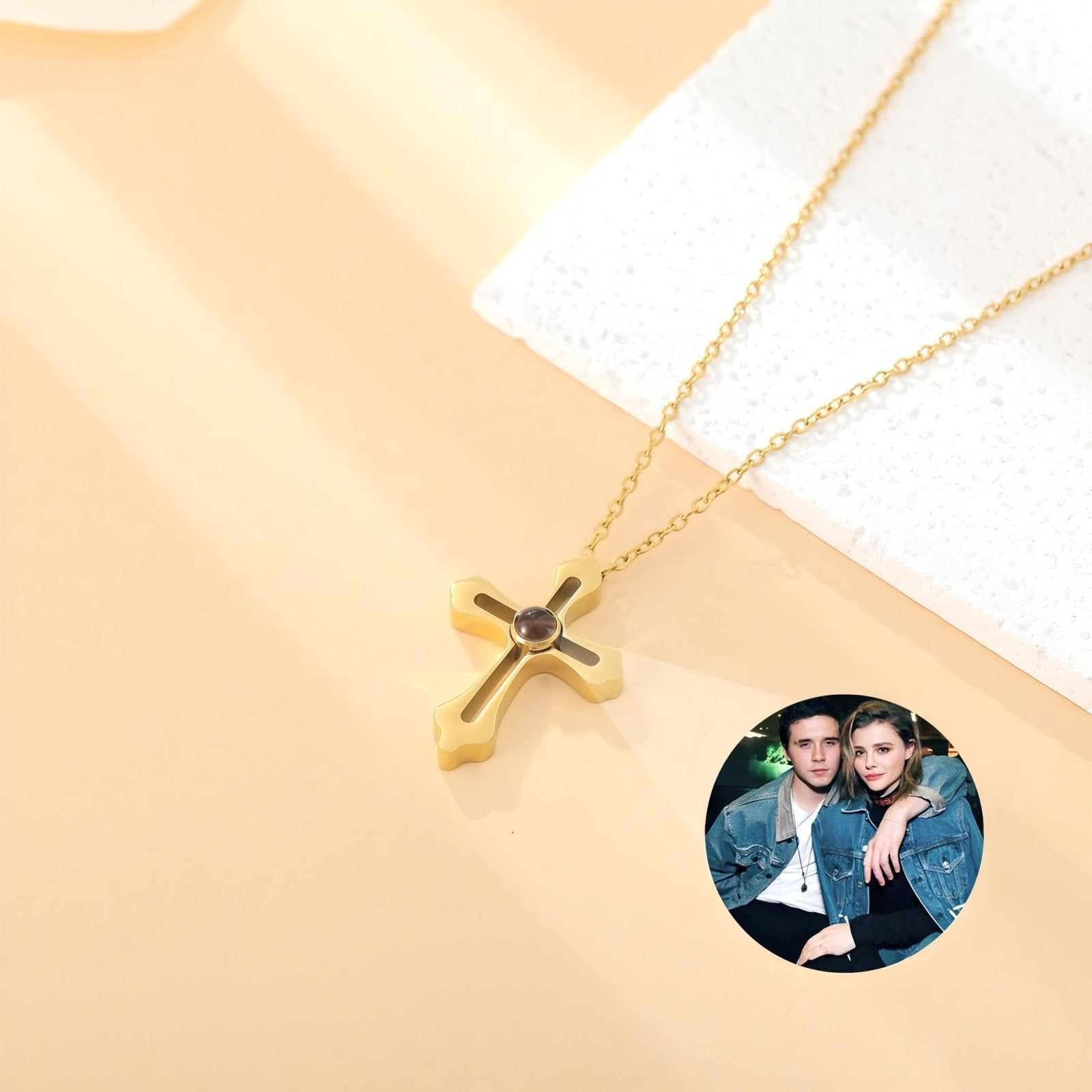 Collier croix personnalisable, avec photo projetée, en acier inoxydable, modèle Celestia