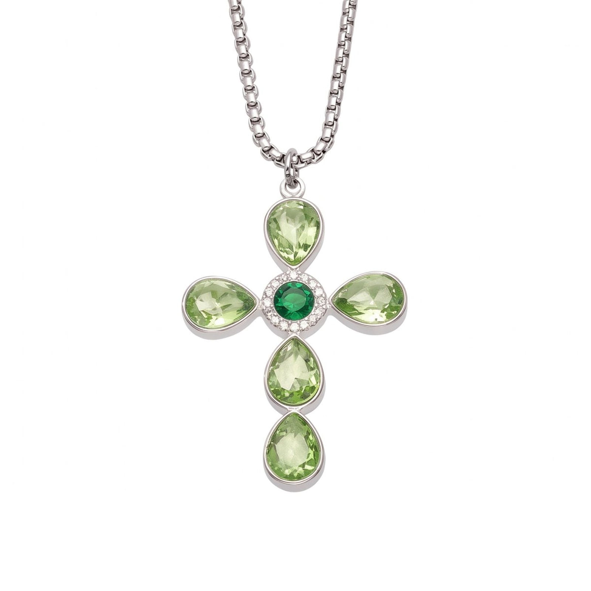 Collier croix pour femme, en acier inoxydable argenté, pendentif serti de zircons colorés en forme de goutte