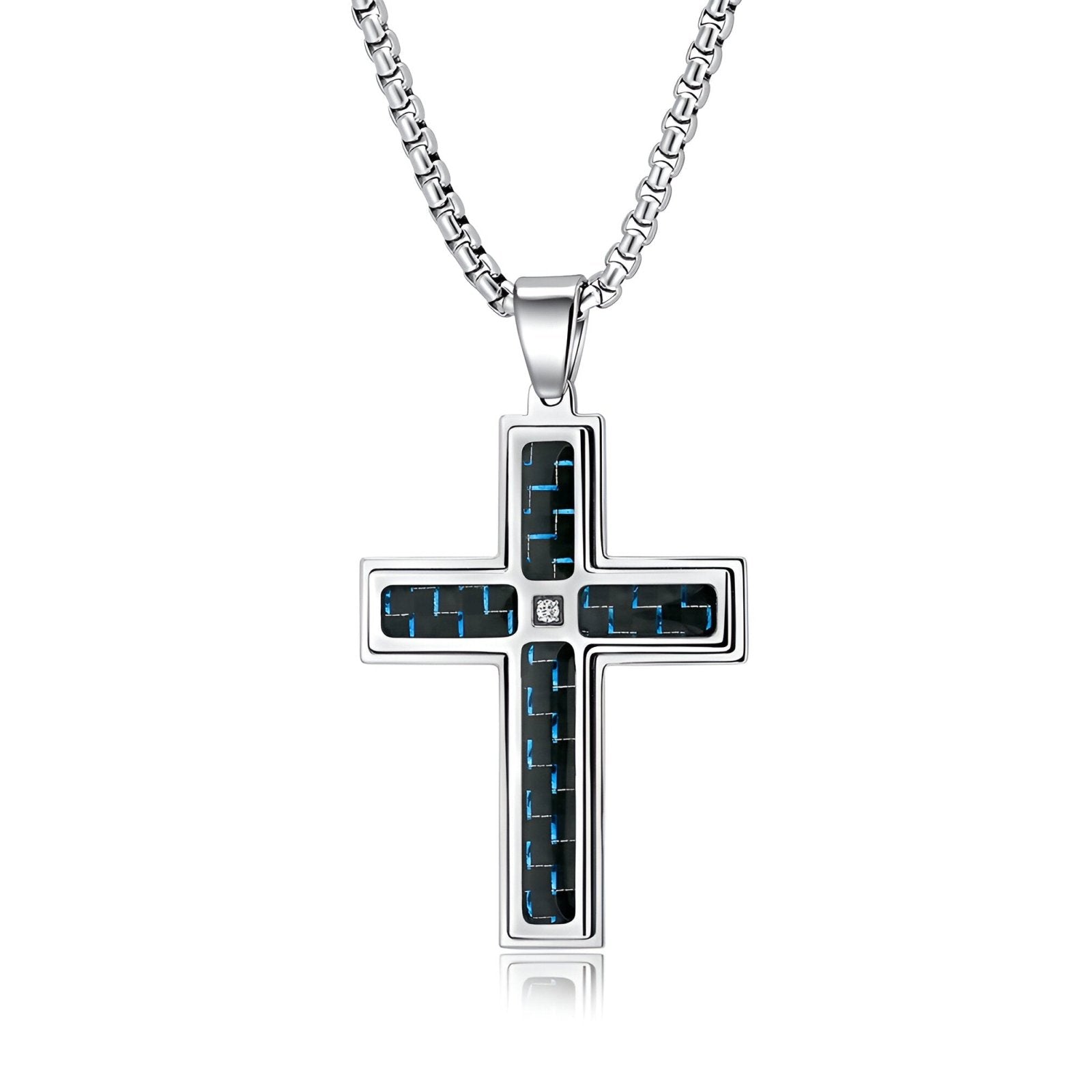 Collier croix pour homme, acier 316L et insert carbone bleu, style moderne, modèle Thomas