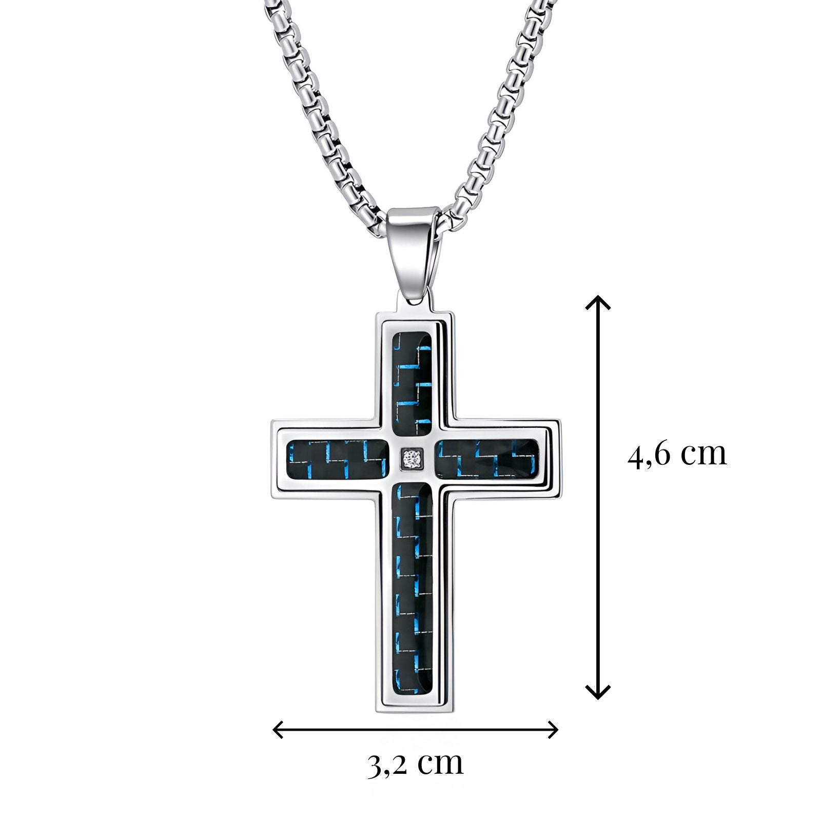 Collier croix pour homme, acier 316L et insert carbone bleu, style moderne, modèle Thomas