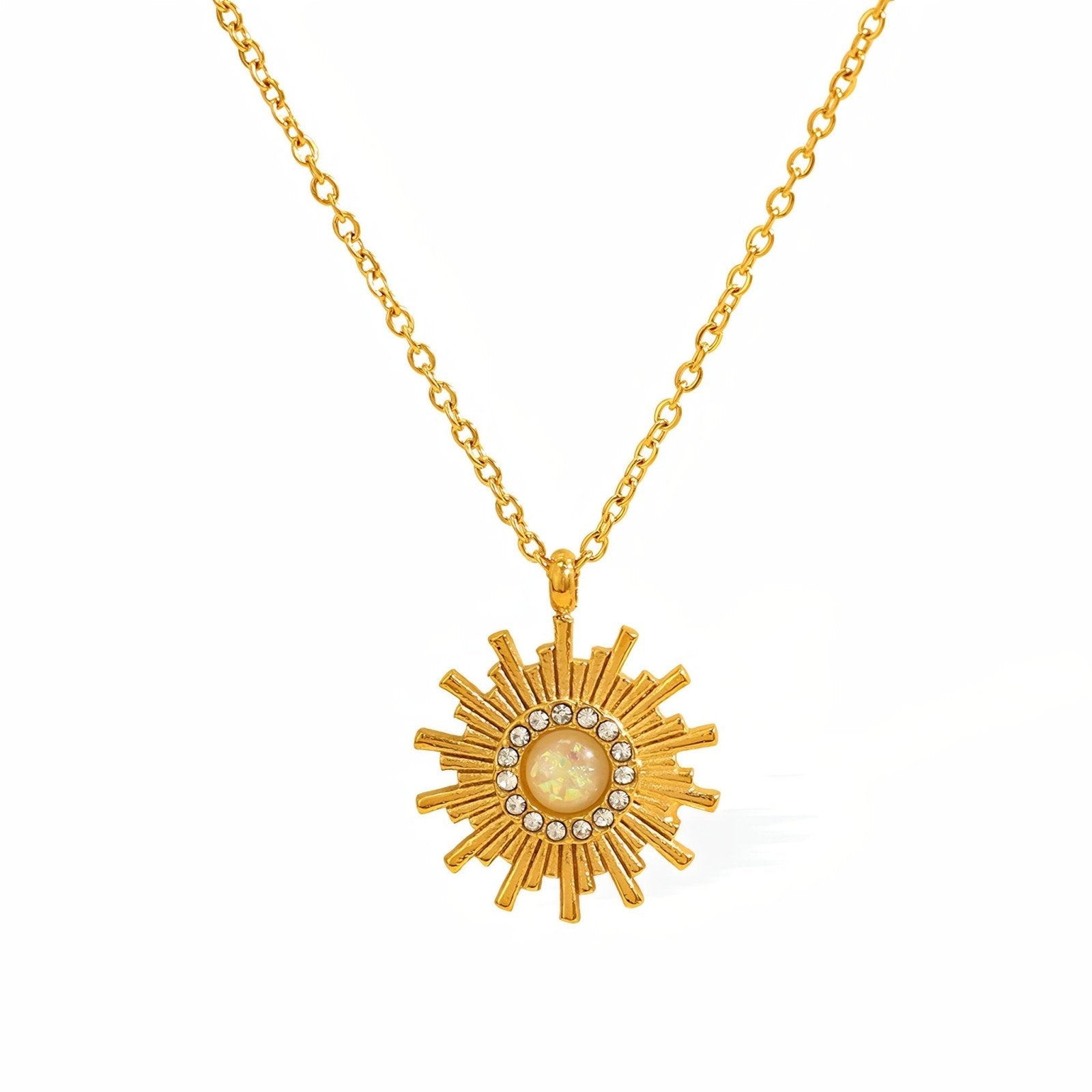 Collier doré avec pendentif soleil et zircons, inspiration vintage, pour femme, modèle Amelia