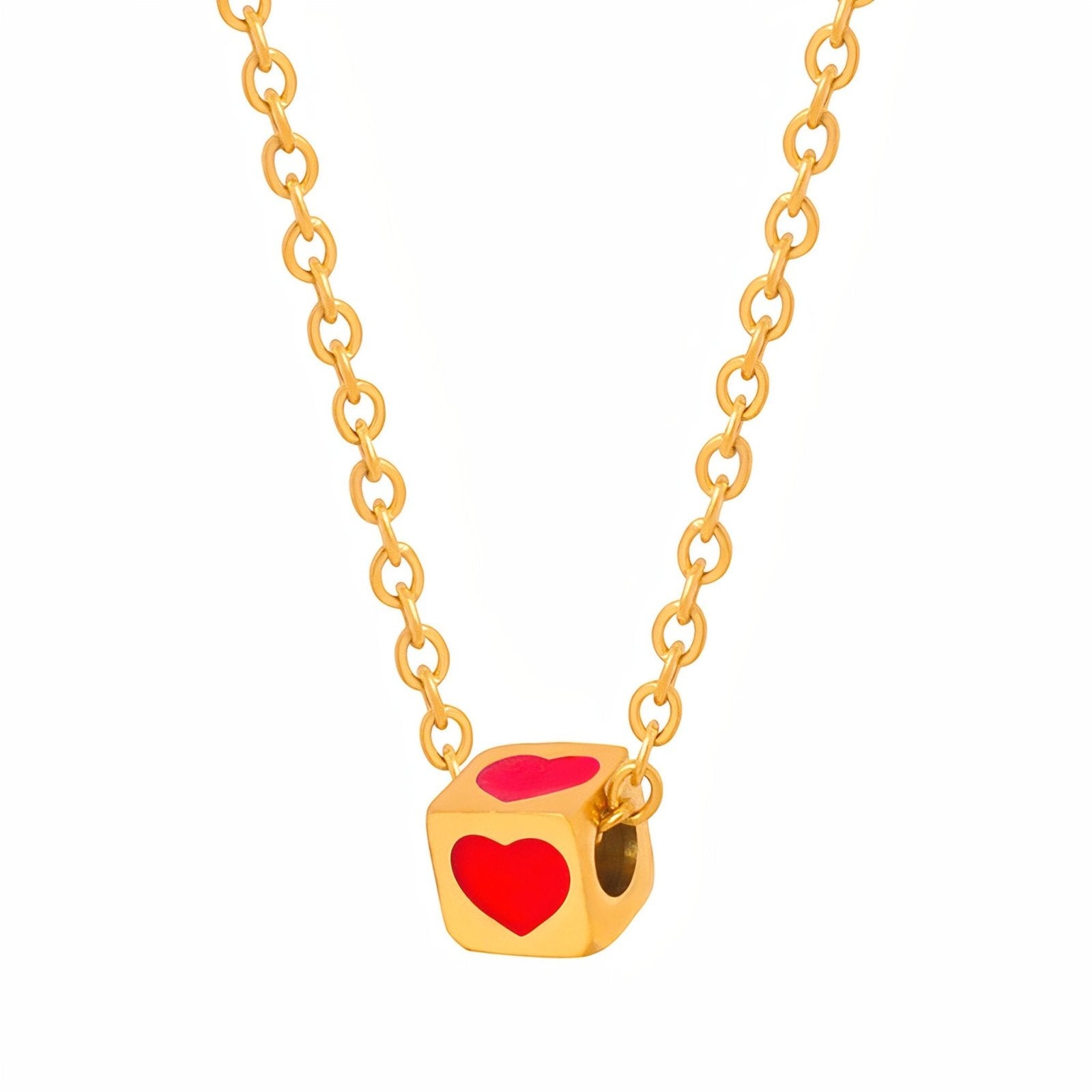 Collier doré cube cœur rouge, en acier inoxydable, maille forcat fine, modèle Cubis
