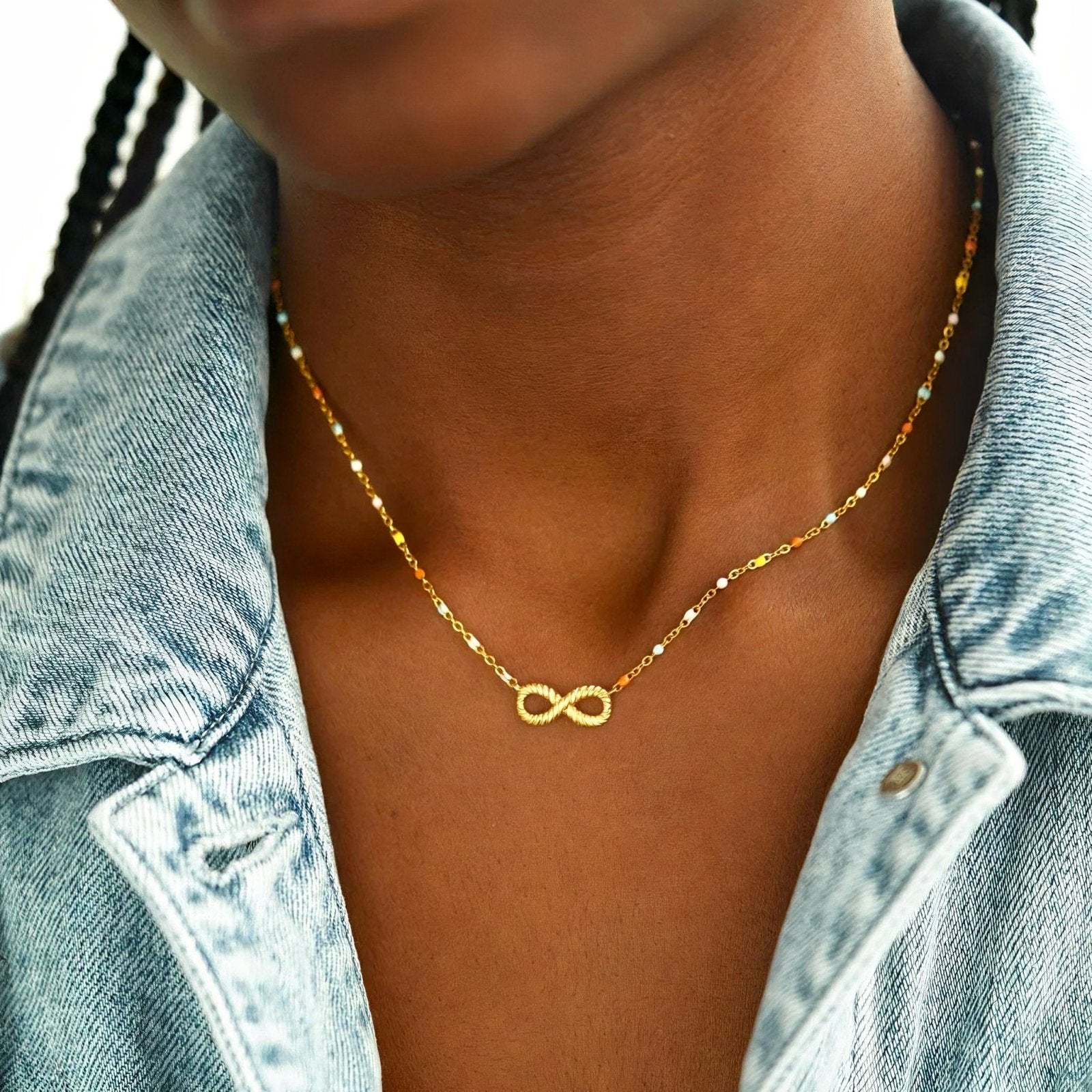 Collier doré symbole infini, chaîne fine multicolore, en argent massif, modèle Alixe