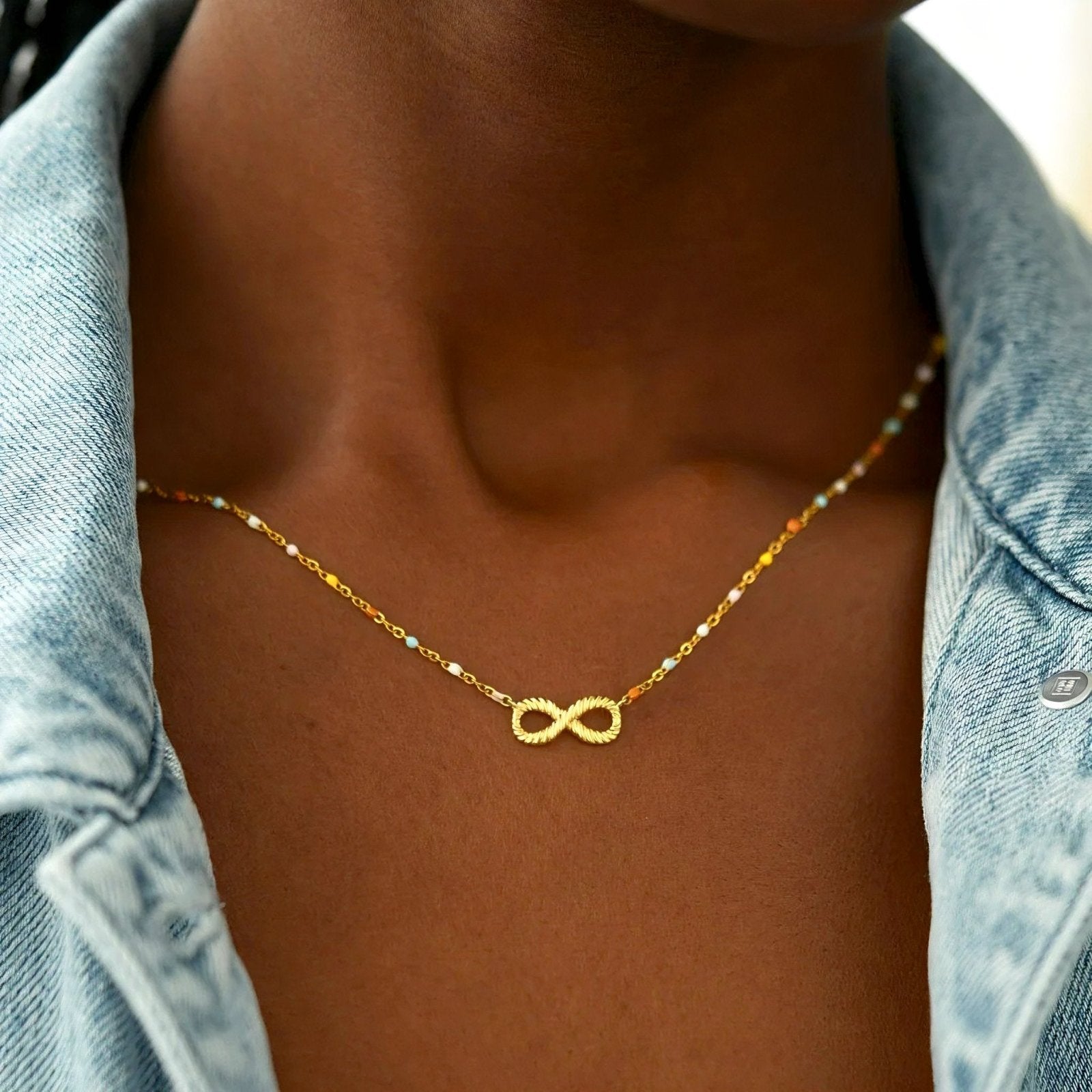 Collier doré symbole infini, chaîne fine multicolore, en argent massif, modèle Alixe