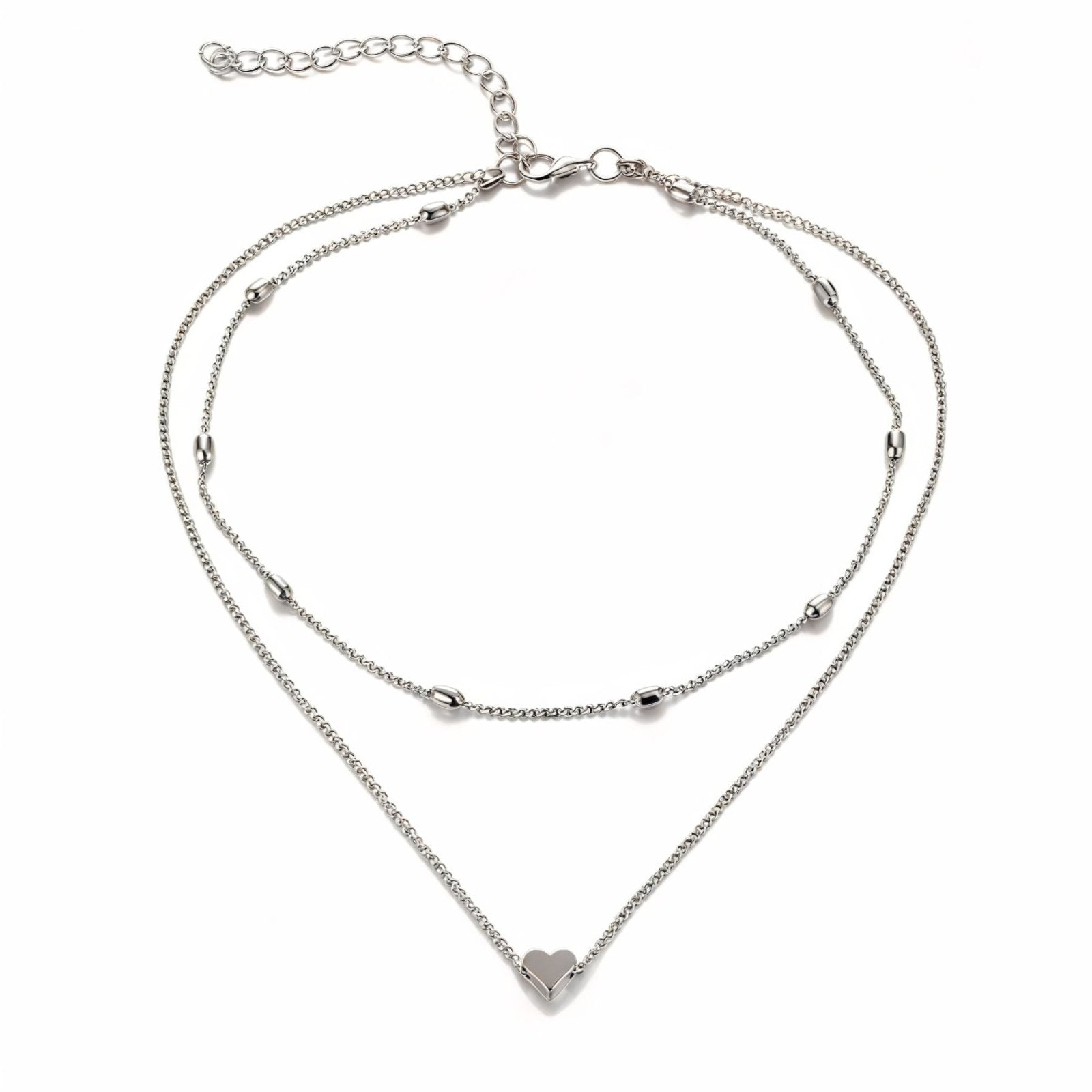 Collier double chaîne, cœur minimaliste, perles dorées ou argentées, bijou tendance femme, modèle Selima