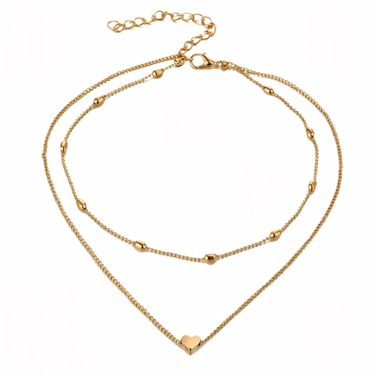 Collier double chaîne, cœur minimaliste, perles dorées ou argentées, bijou tendance femme, modèle Selima