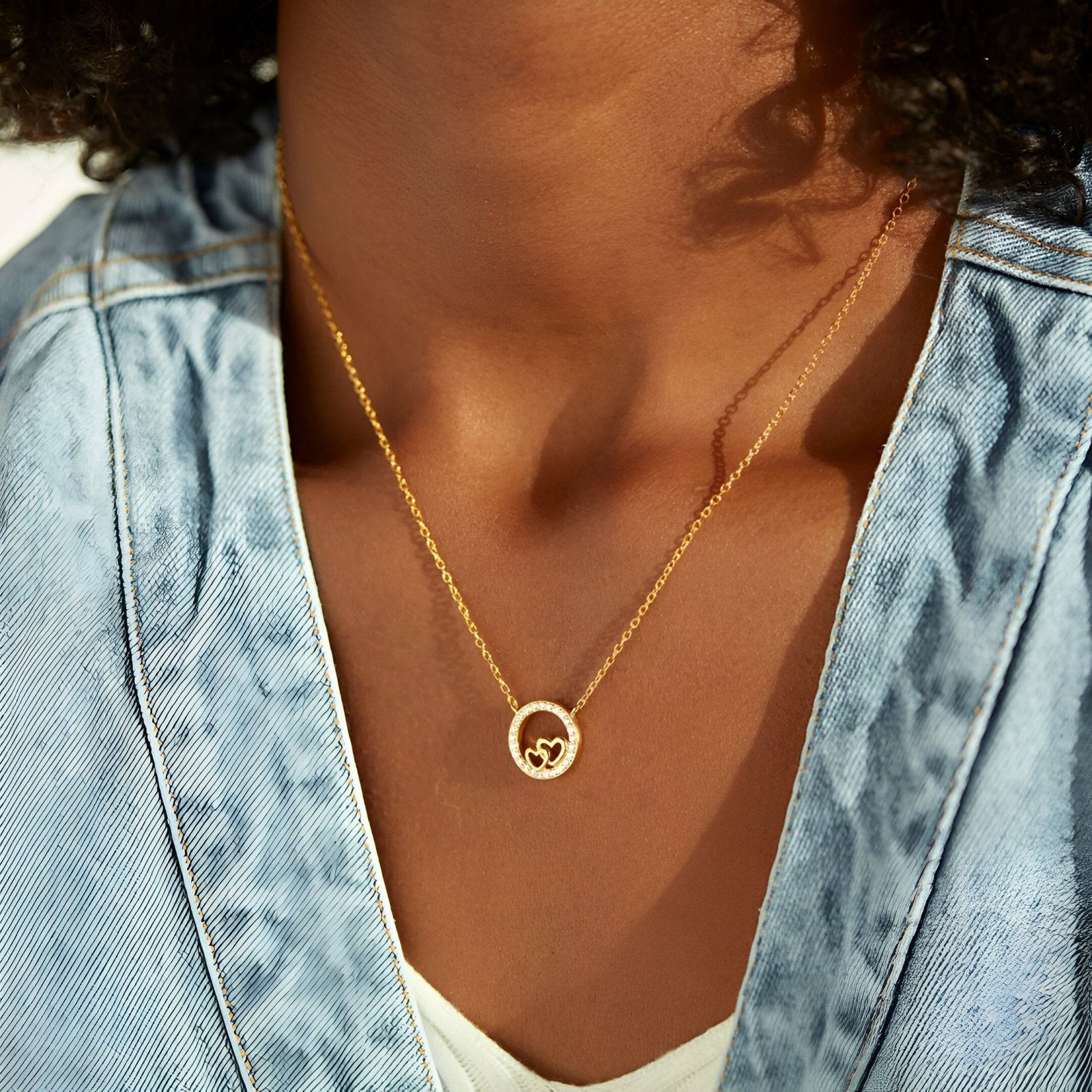 Collier double cœur, en argent 925 doré, cercle orné de zircons, modèle Dubois