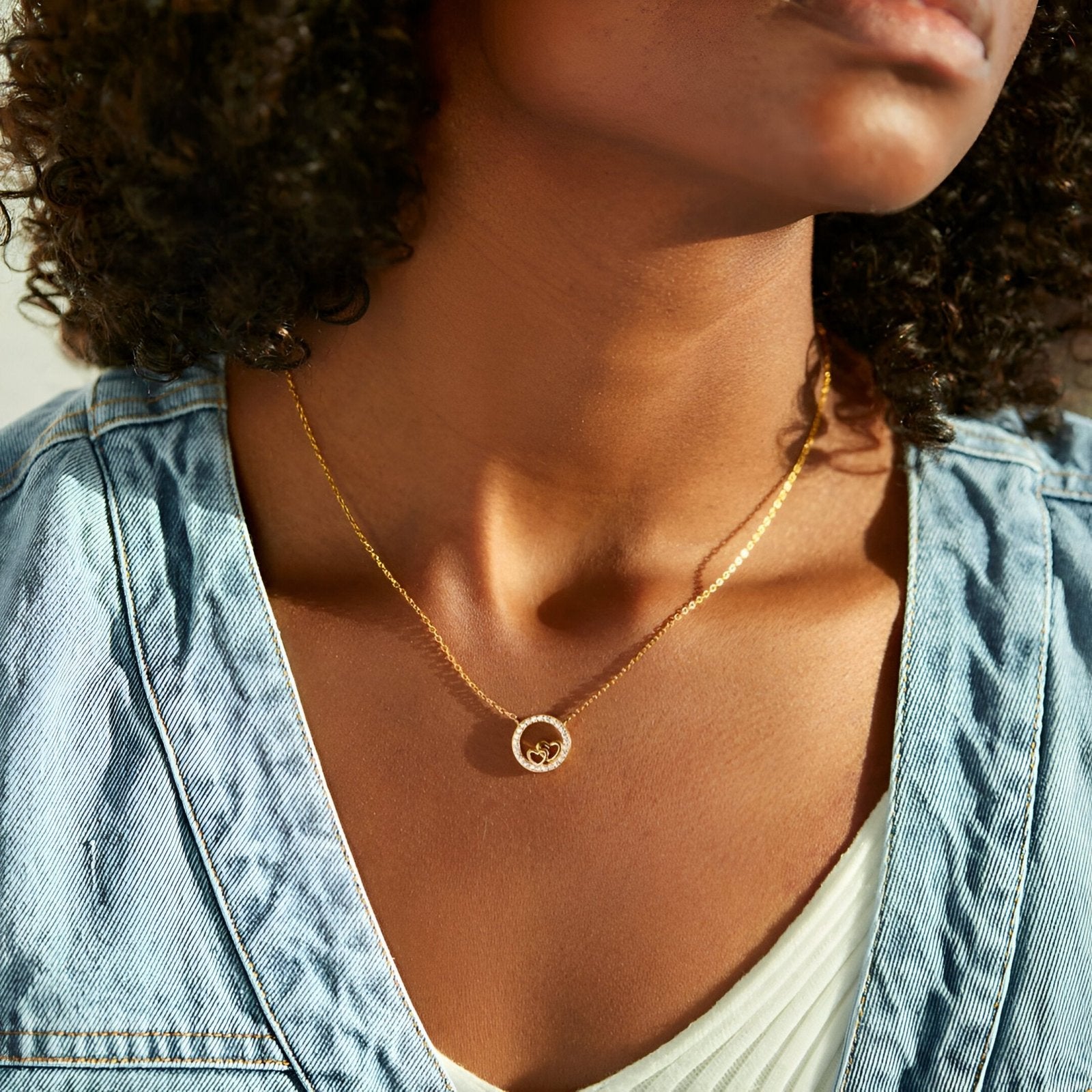 Collier double cœur, en argent 925 doré, cercle orné de zircons, modèle Dubois