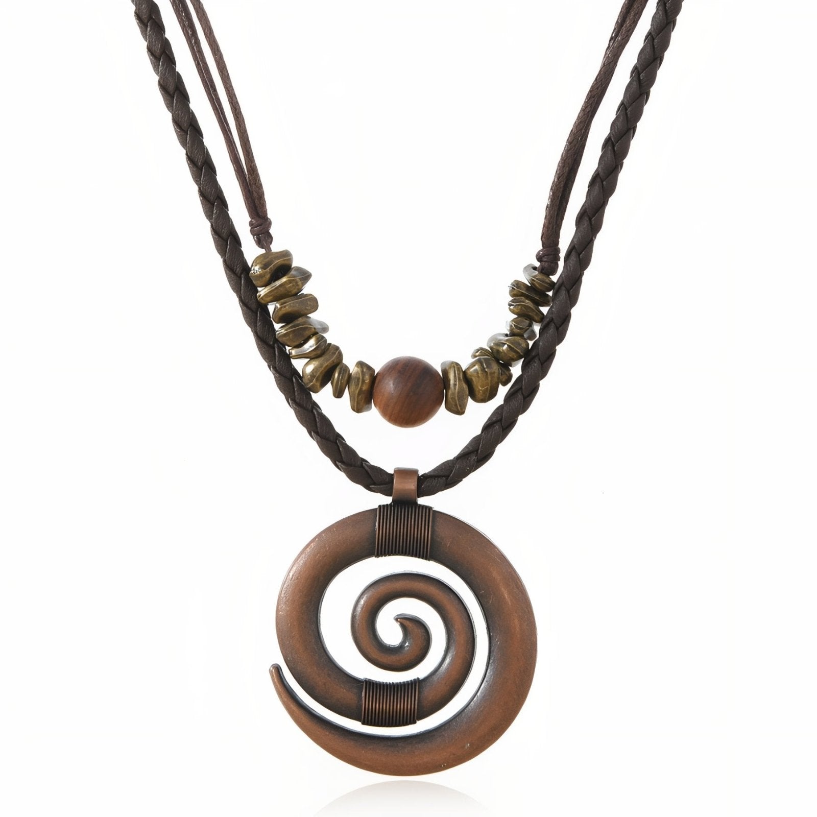 Collier double rang bohème, pendentif spirale bronze, perles en bois et cordon en cuir ajustable