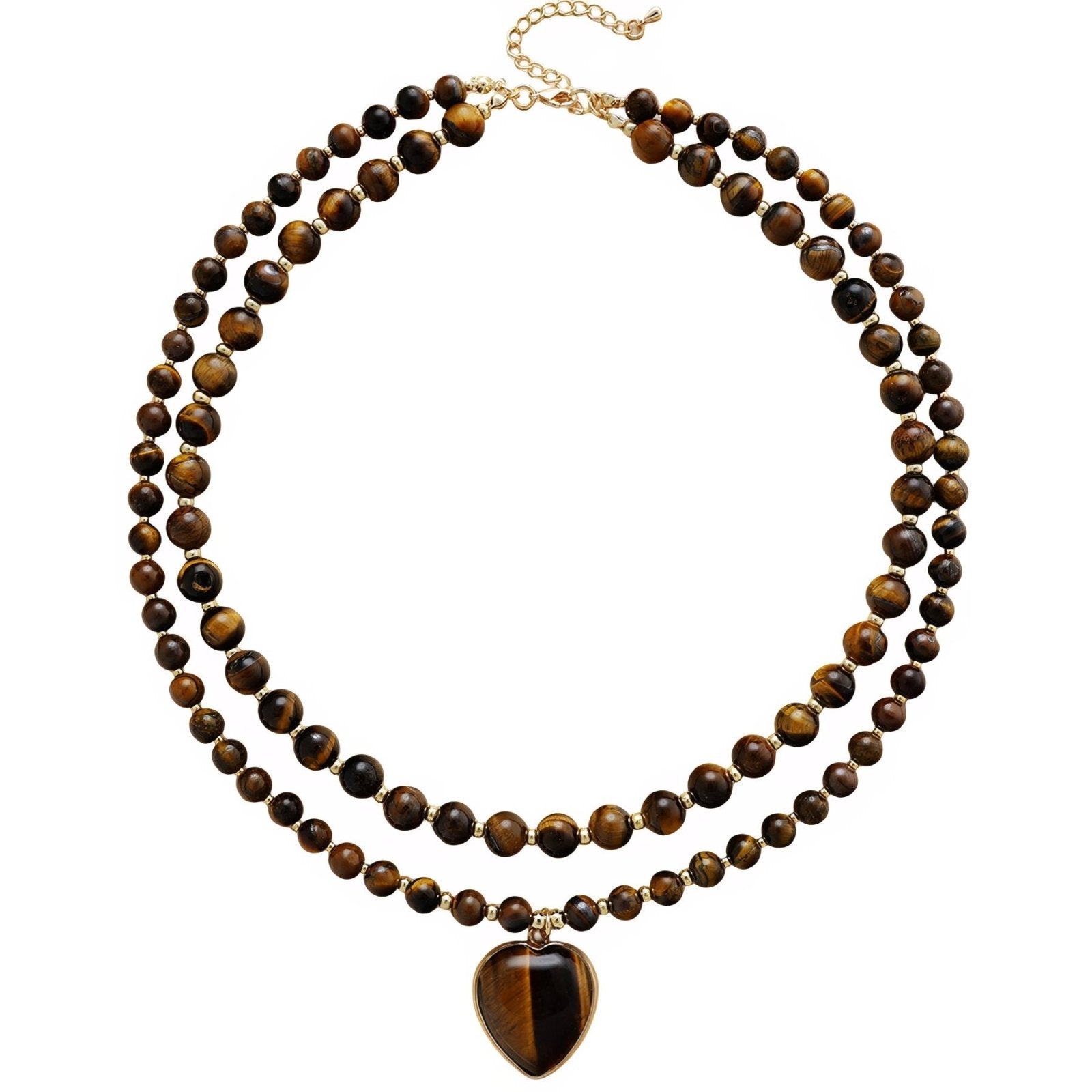 Collier double rang en pierres naturelles, aventurine, quartz rose ou oeil de tigre, pendentif cœur ou médaillon doré