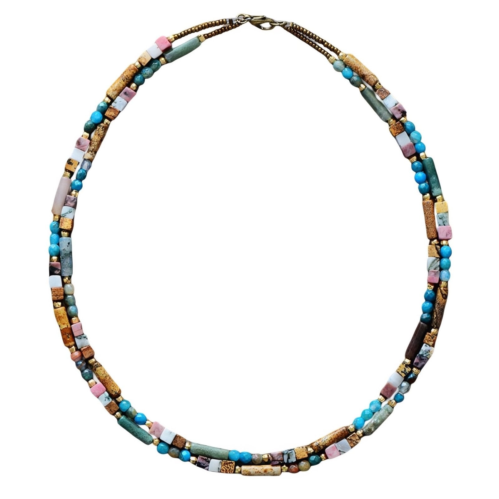 Collier double rang en pierres naturelles, perles multicolores esprit bohème, avec turquoise, quartz rose, amazonite et jaspe