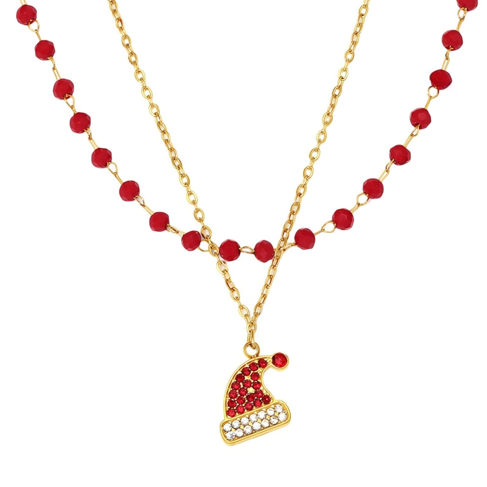 Collier double rang festif, perles rouges et pendentif chapeau de Noël, en acier inodydable et zircon