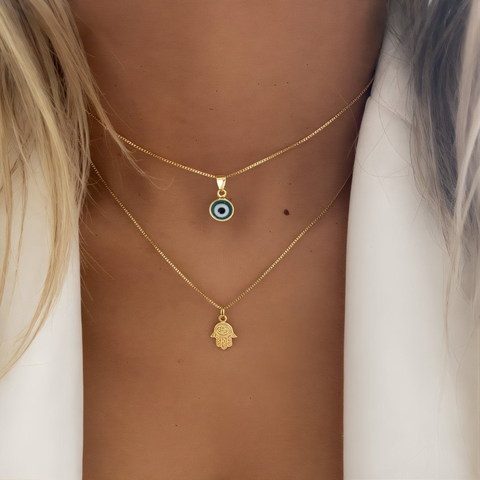 Collier double rang, œil protecteur et main de fatma, style protecteur, modèle Brooklyn