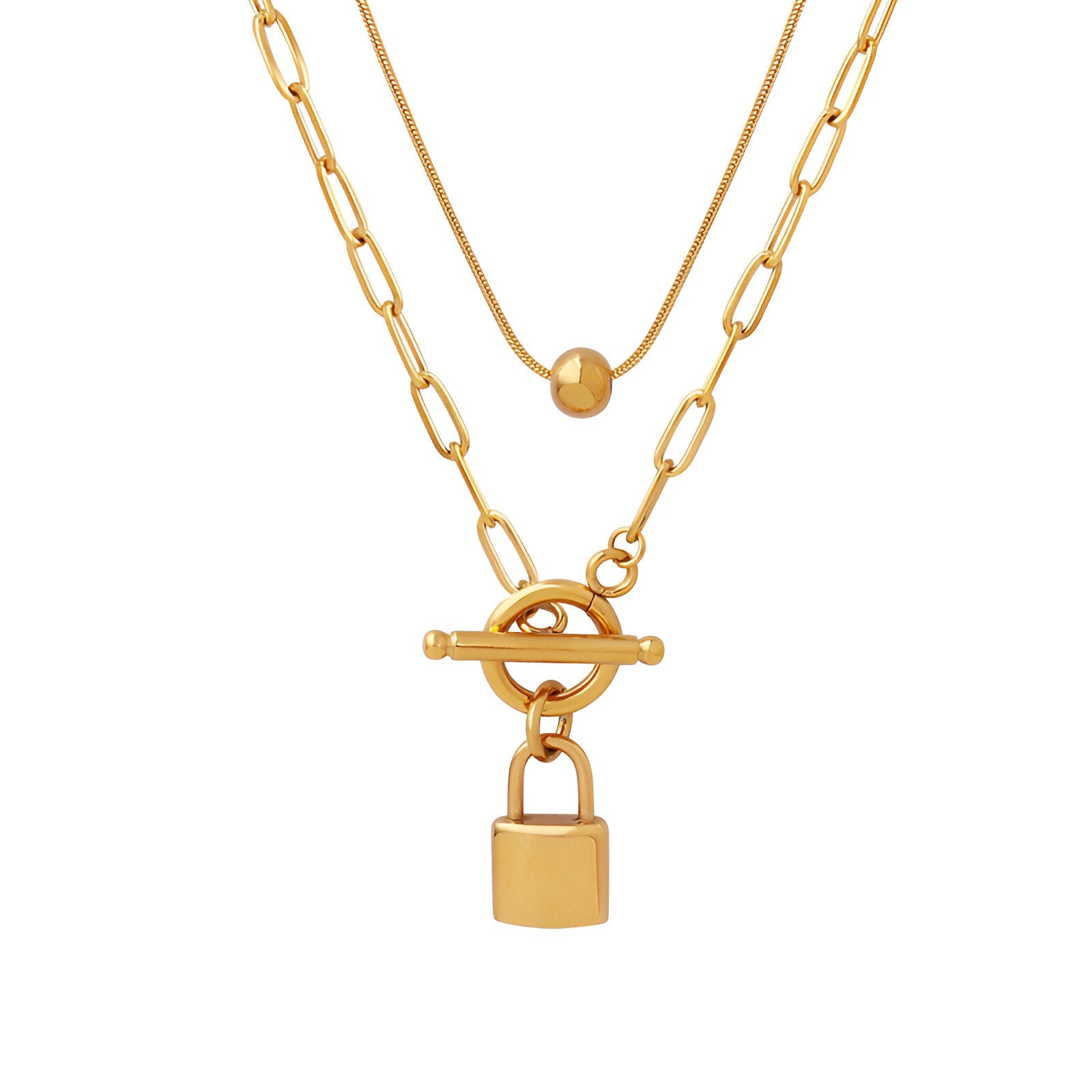 Collier double rangs doré en acier inoxydable, maille rectangulaire et pendentif cadenas pour femme, modèle Aria