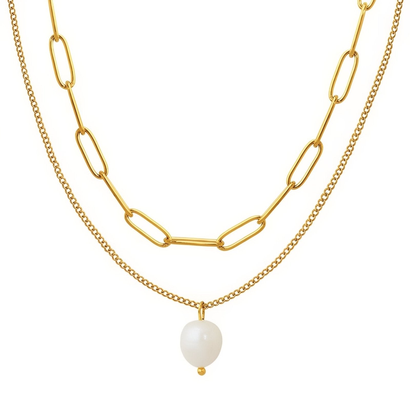 Collier double rangs pour femme, avec perle d’eau douce, en acier inoxydable, style moderne