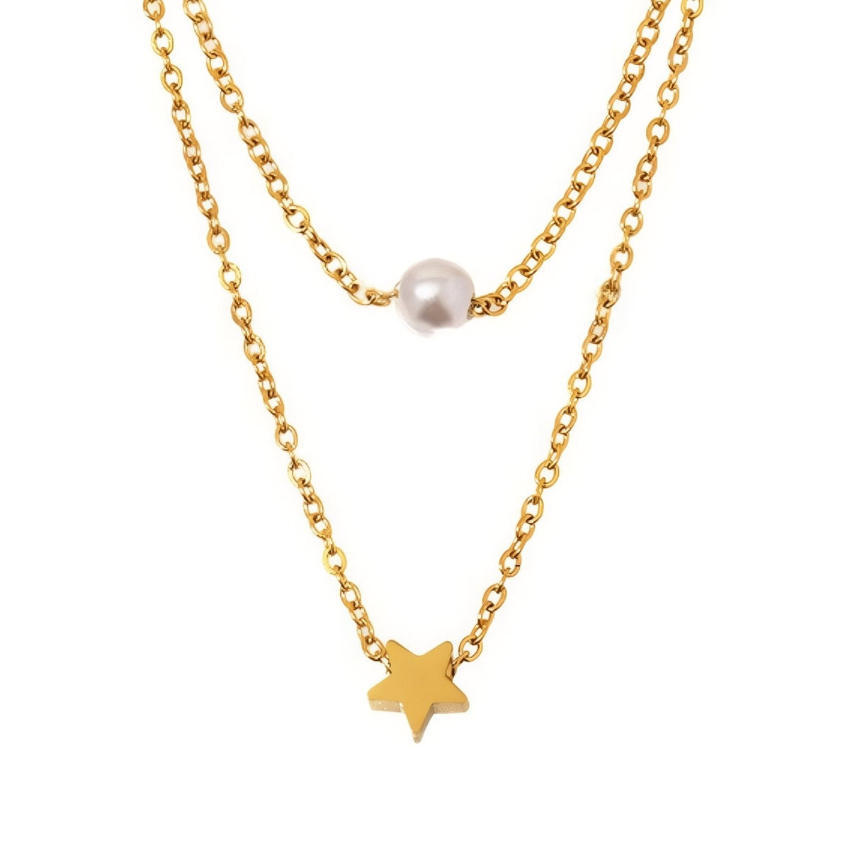 Collier double rangs pour femme, avec perle et pendentif étoile, en acier inoxydable