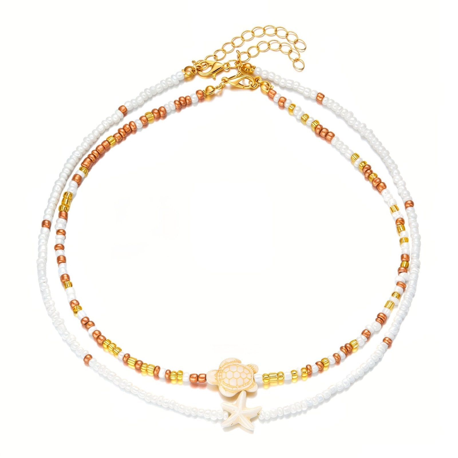 Collier double rangs tortue et étoile, perles colorées effet plage, modèle Brye