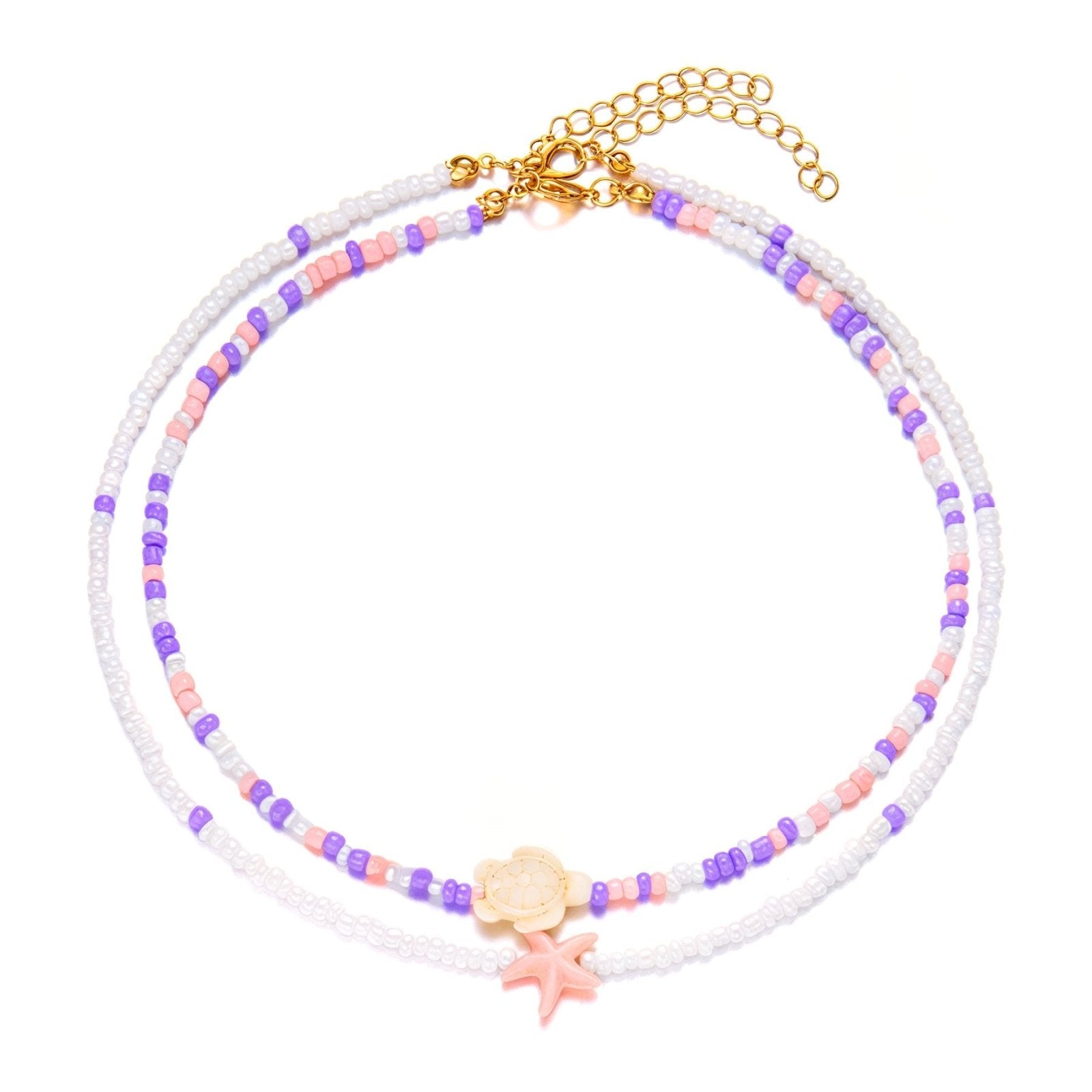 Collier double rangs tortue et étoile, perles colorées effet plage, modèle Brye