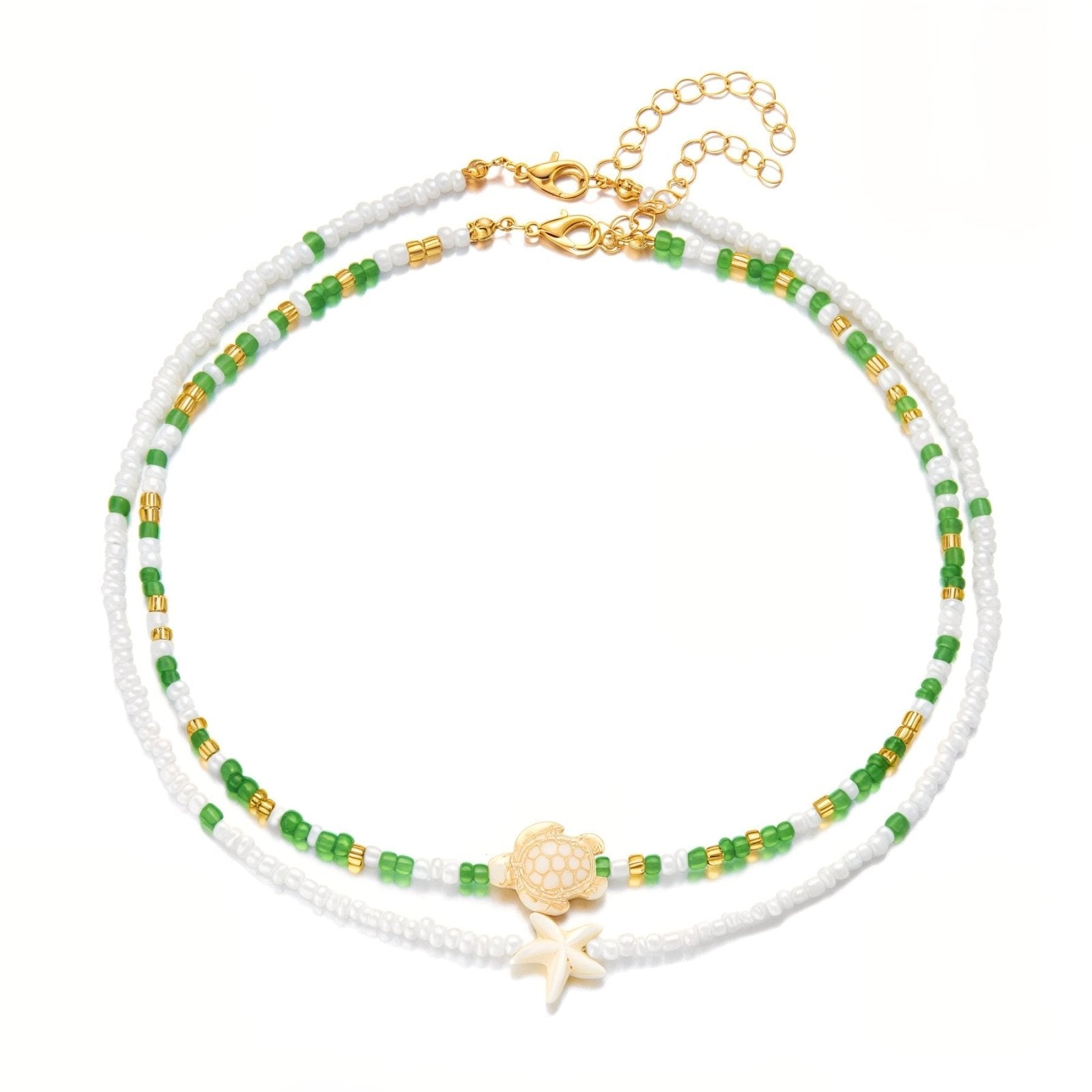 Collier double rangs tortue et étoile, perles colorées effet plage, modèle Brye