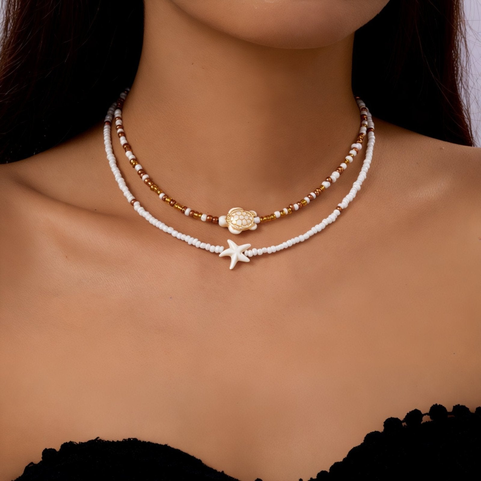 Collier double rangs tortue et étoile, perles colorées effet plage, modèle Brye