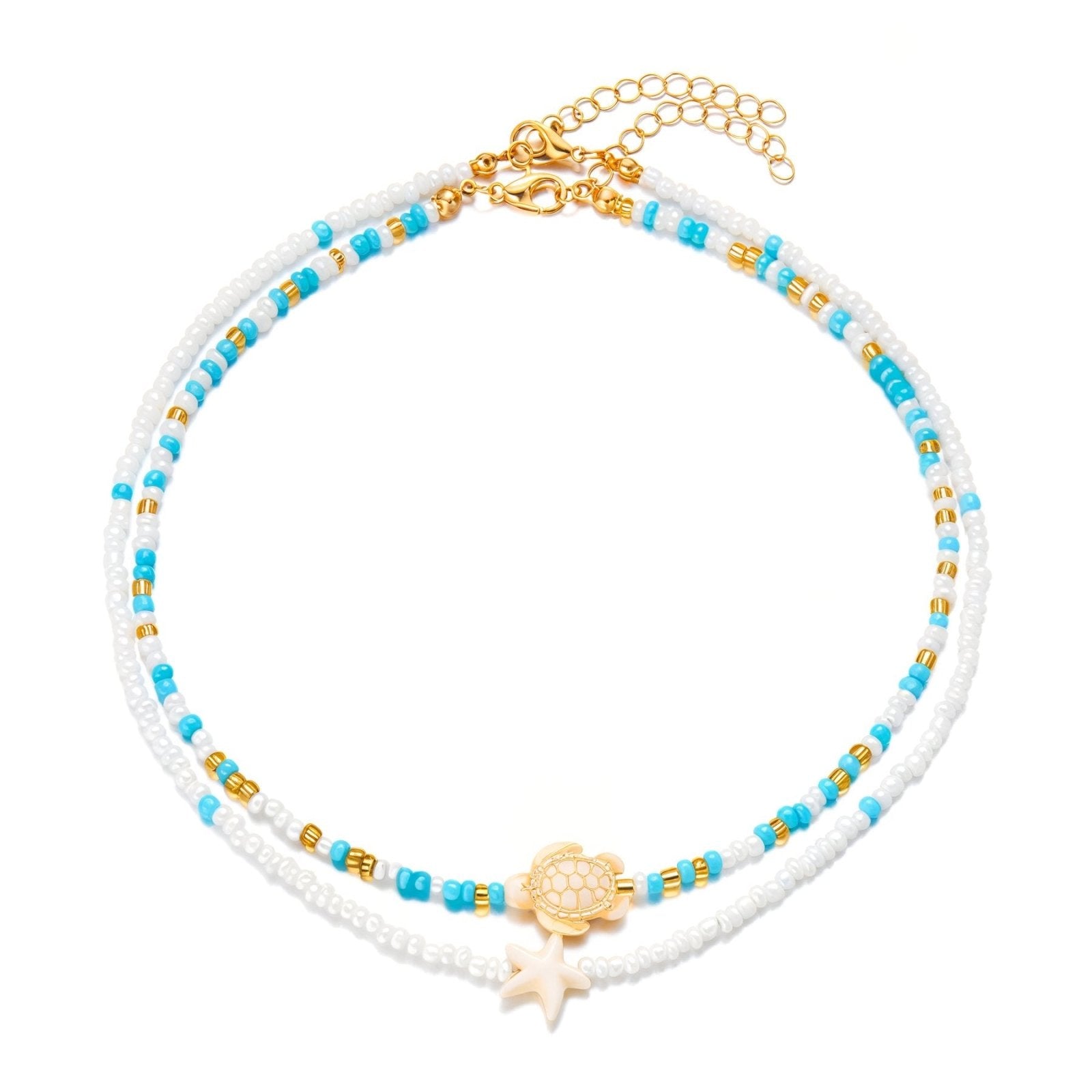 Collier double rangs tortue et étoile, perles colorées effet plage, modèle Brye