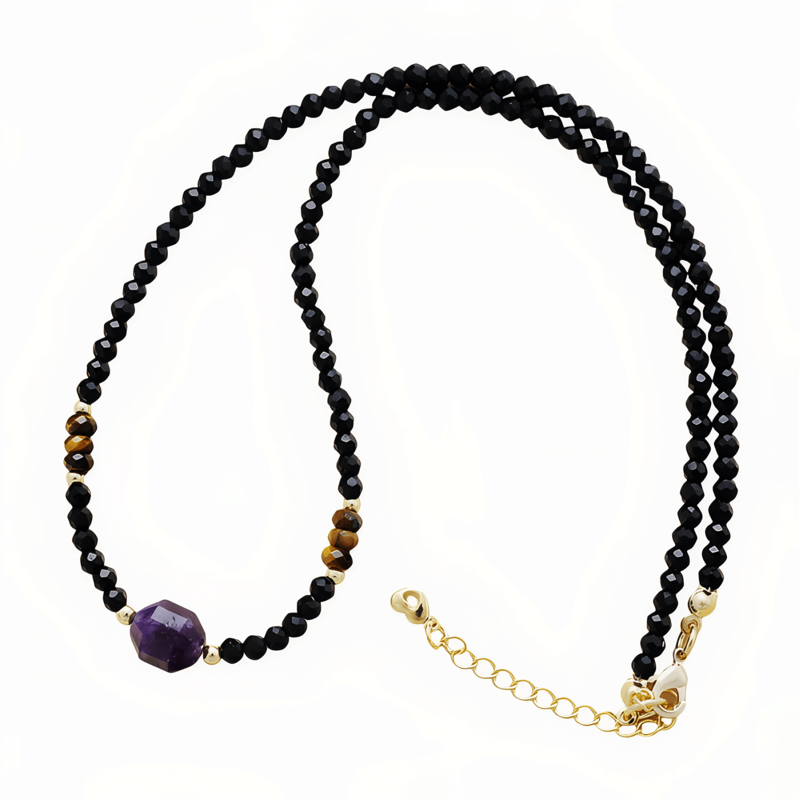 Collier élégant en pierres naturelles, onyx, améthyste et œil de tigre, style bohème chic