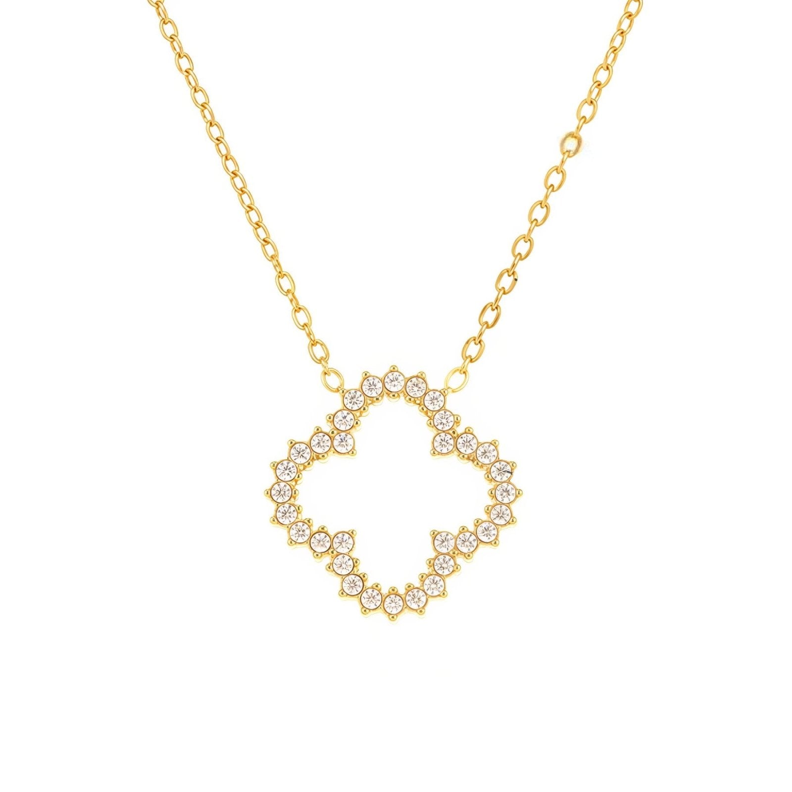 Collier élégant pendentif zircon trèfle ajouré, maille fine dorée en acier inoxydable et placage or 18K