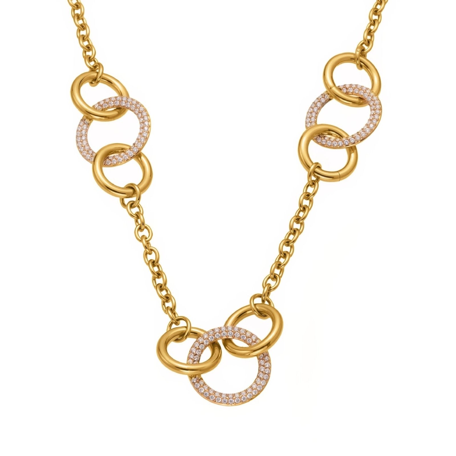 Collier élégant pour femme, maillons entrelacés, en acier inoxydable et anneaux pavés de zircon