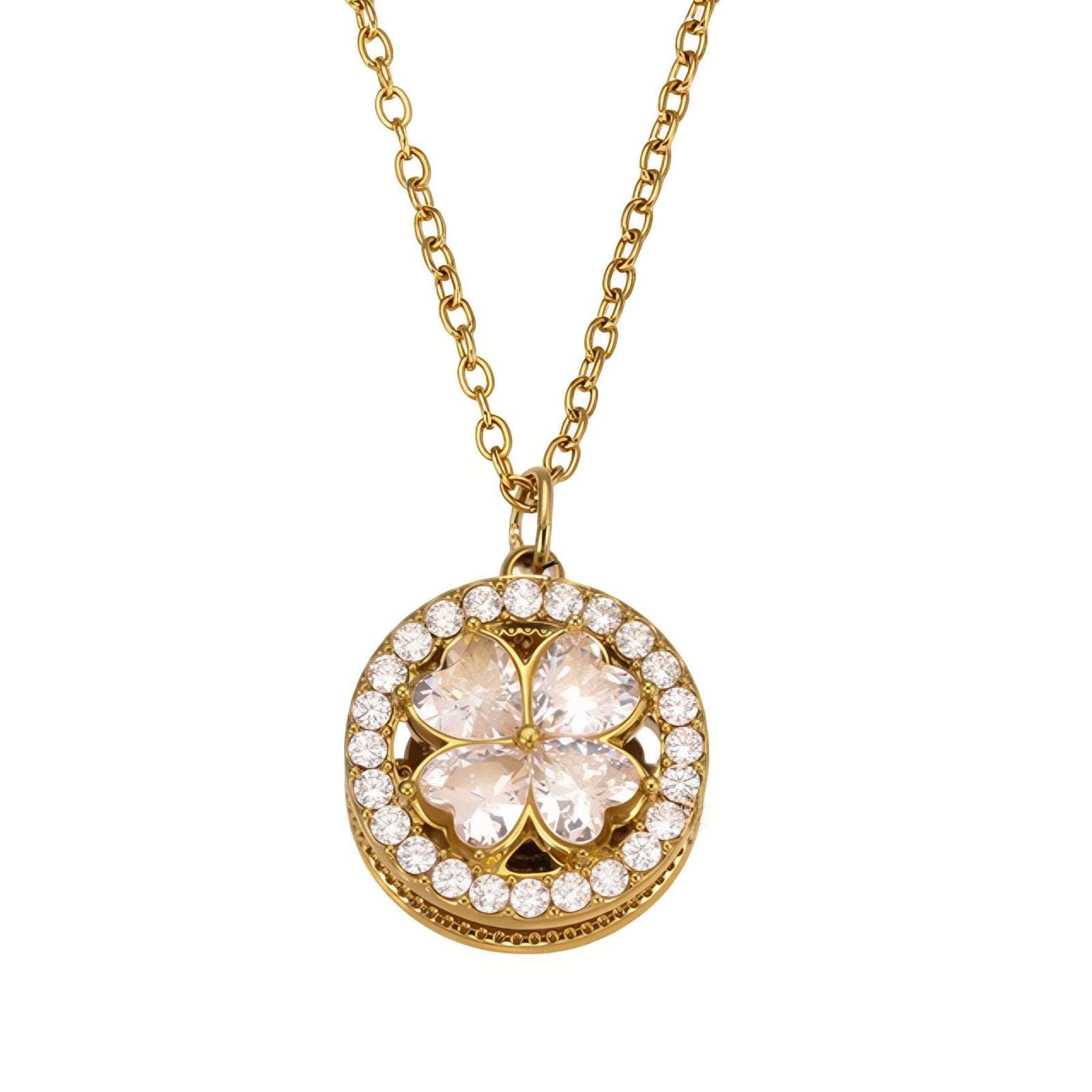 Collier élégant pour femme, pendentif rond orné d'une fleur, en zircon et acier inoxydable
