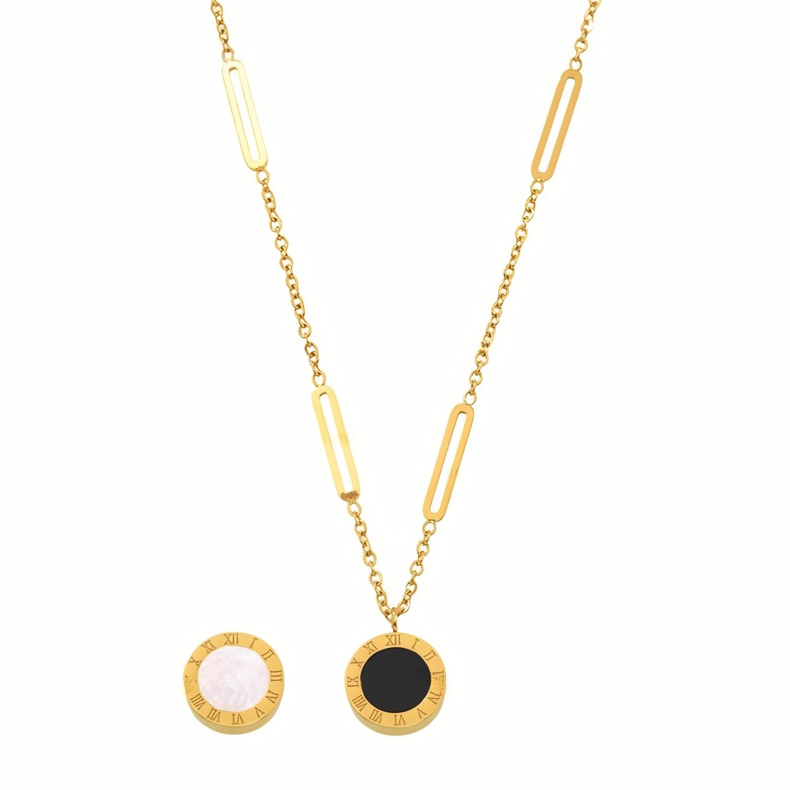 Collier élégant pour femme, pendentif rond réversible avec chiffres romains, en acrylique et acier inoxydable