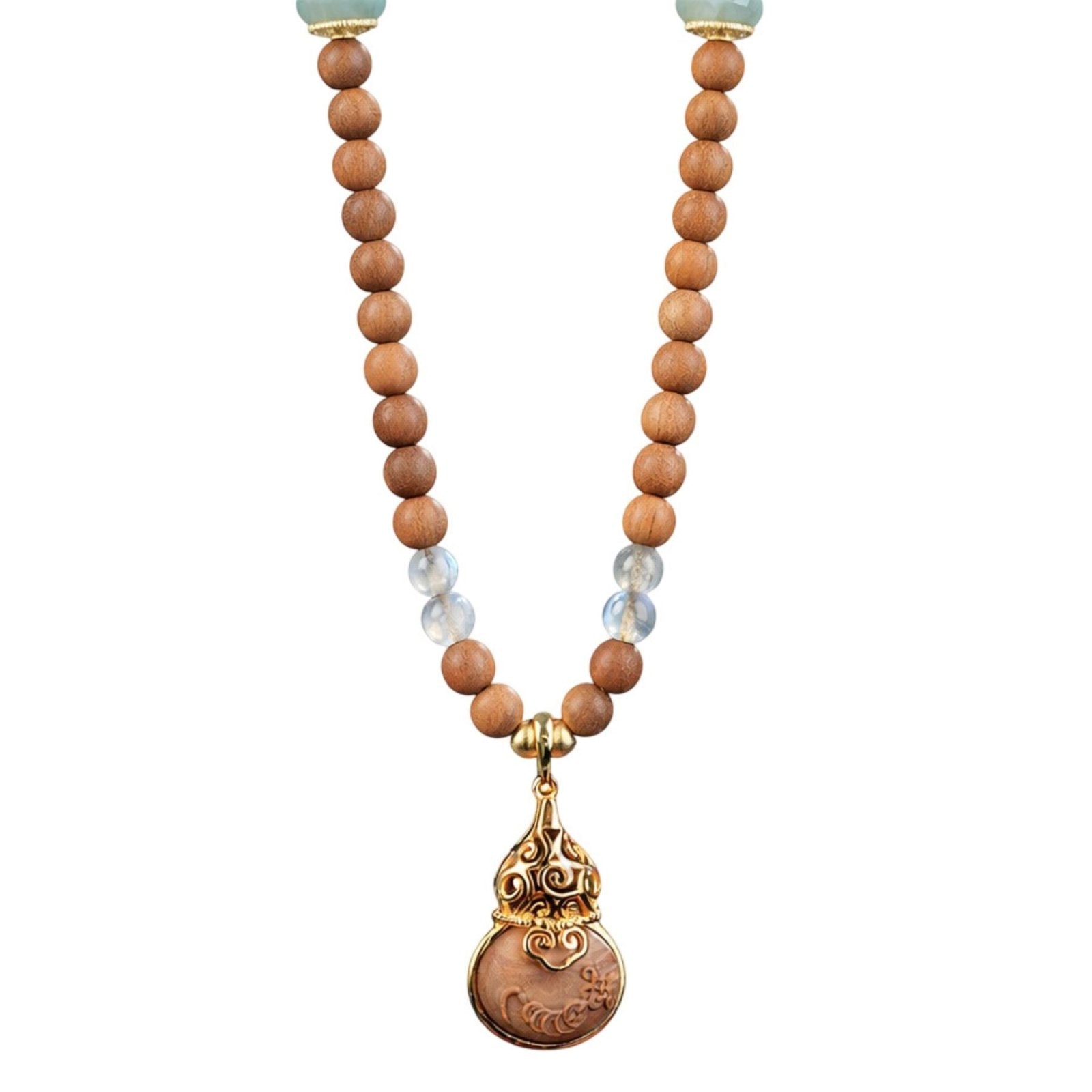 Collier en bois de santal naturel et perles de bois, avec pendentif gourde et alliage métallique