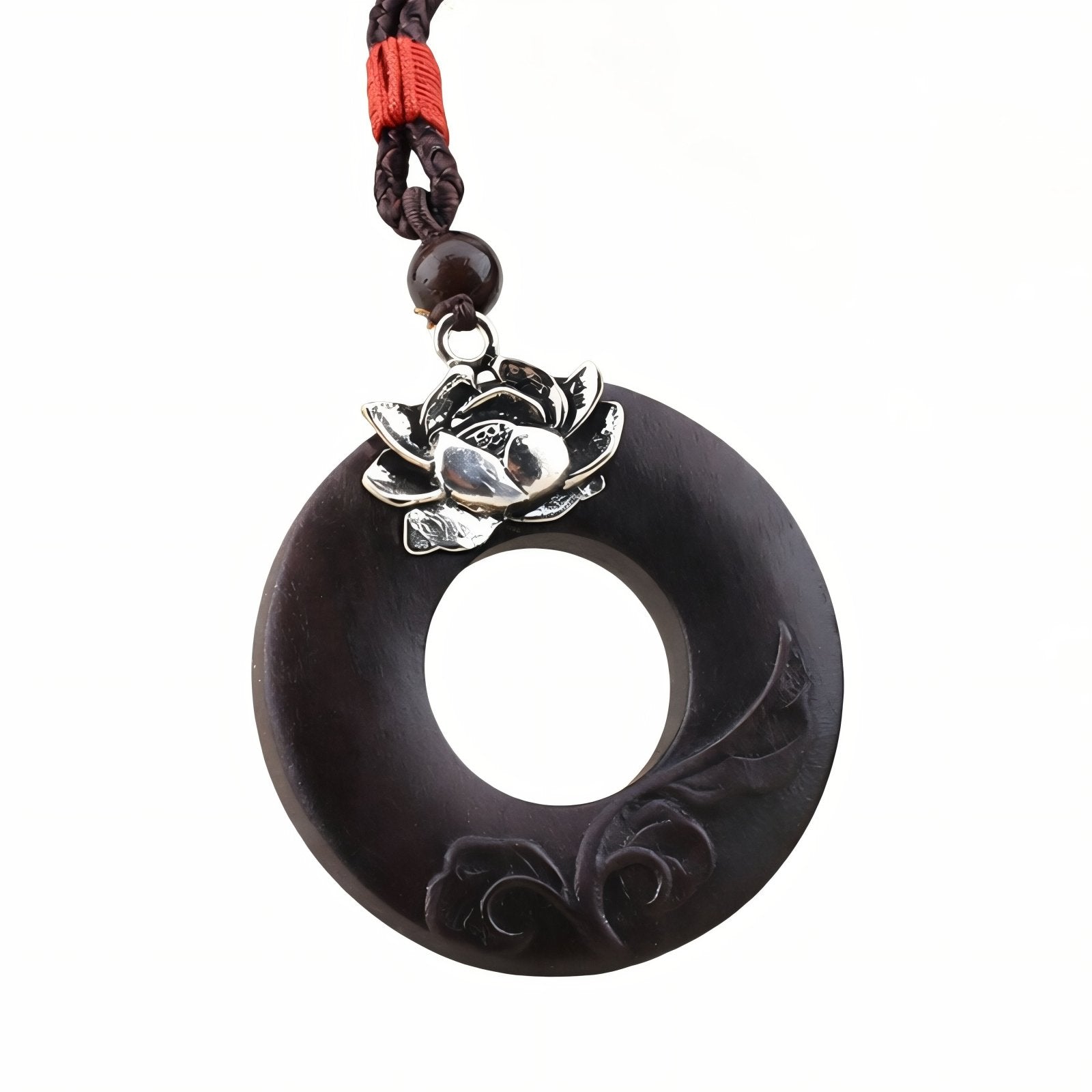 Collier en bois d'ébène, avec pendentif cercle et lotus, agate noire et alliage métallique, style bohème
