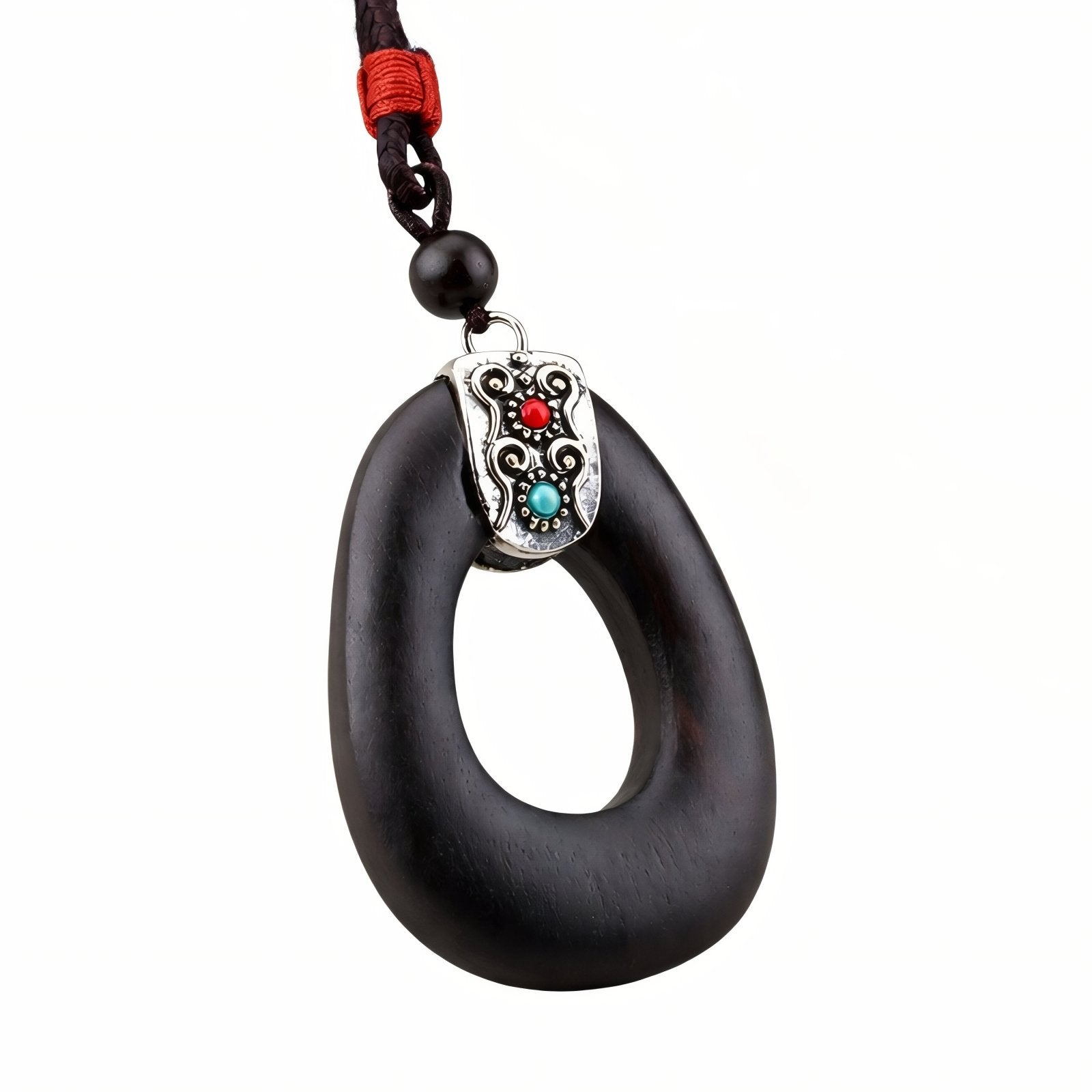 Collier en bois d'ébène, avec pendentif forme géométrique, agate noire et alliage métallique, style bohème